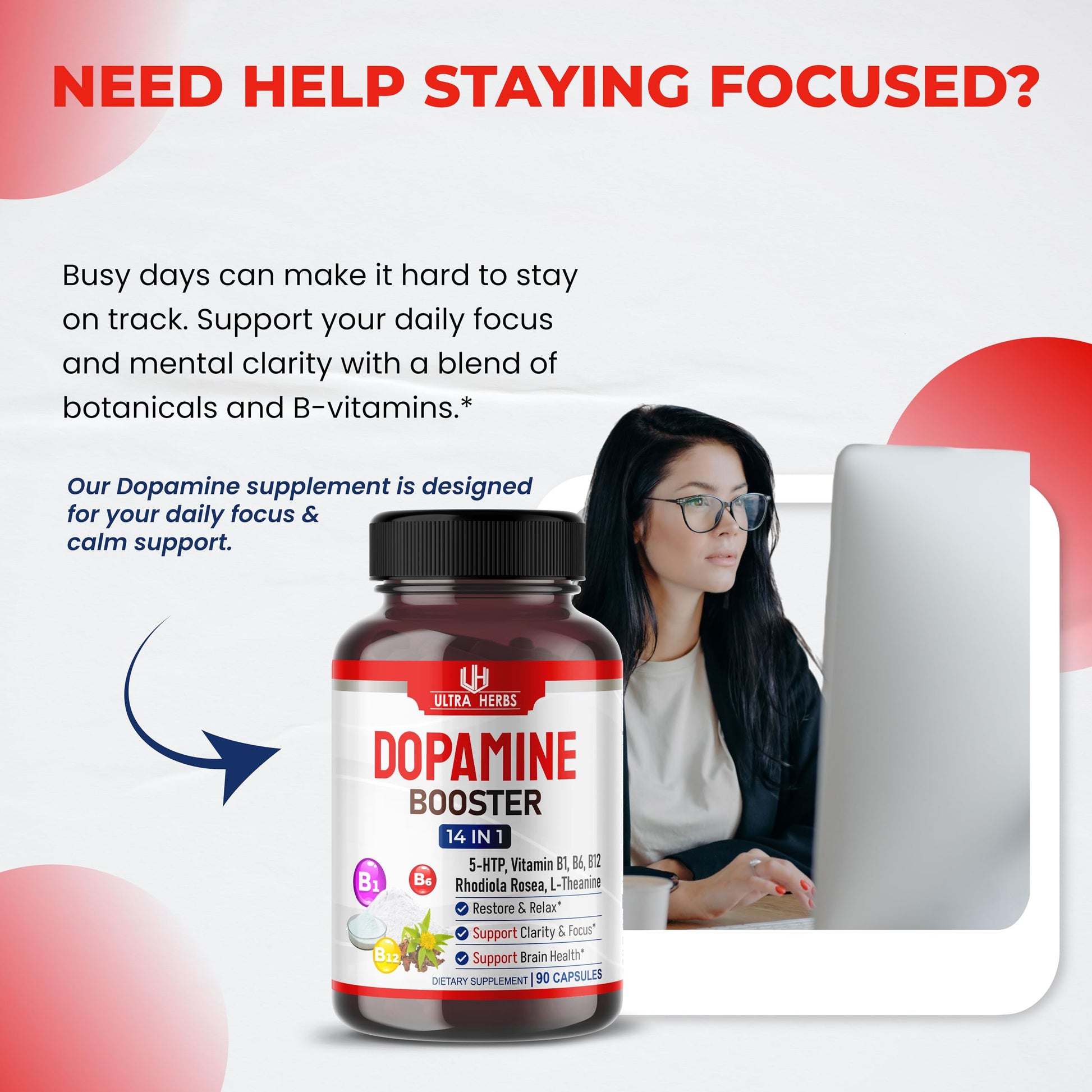 Dopamine Focus Supplement Ashwagandha 5-HTP Rhodiola Rosea St. John's Wort - Increase Memory Clarity Focus Restore Relax with VIT B1, B6, B12, L-Theanine ULTRA HERBS Au supplements