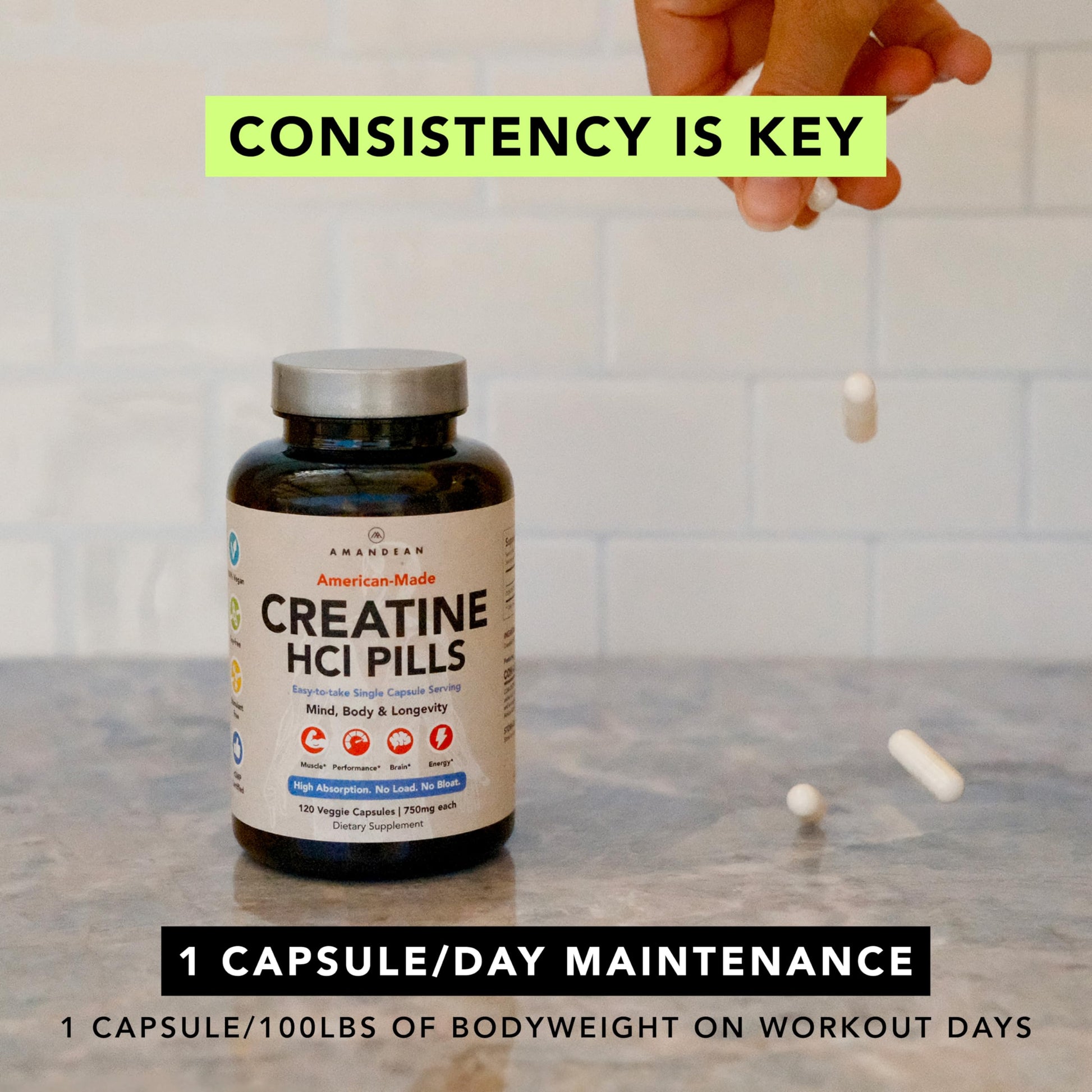 AMANDEAN Creatine HCl Pills. American Made CON-CRET. 120 Capsules. 7X Concentrated vs Monohydrate Powder. No Bloat. Muscle, Energy, Cognitive, Recovery Support for Men & Women. Gluten Free, Non-GMO. AMANDEAN Au supplements