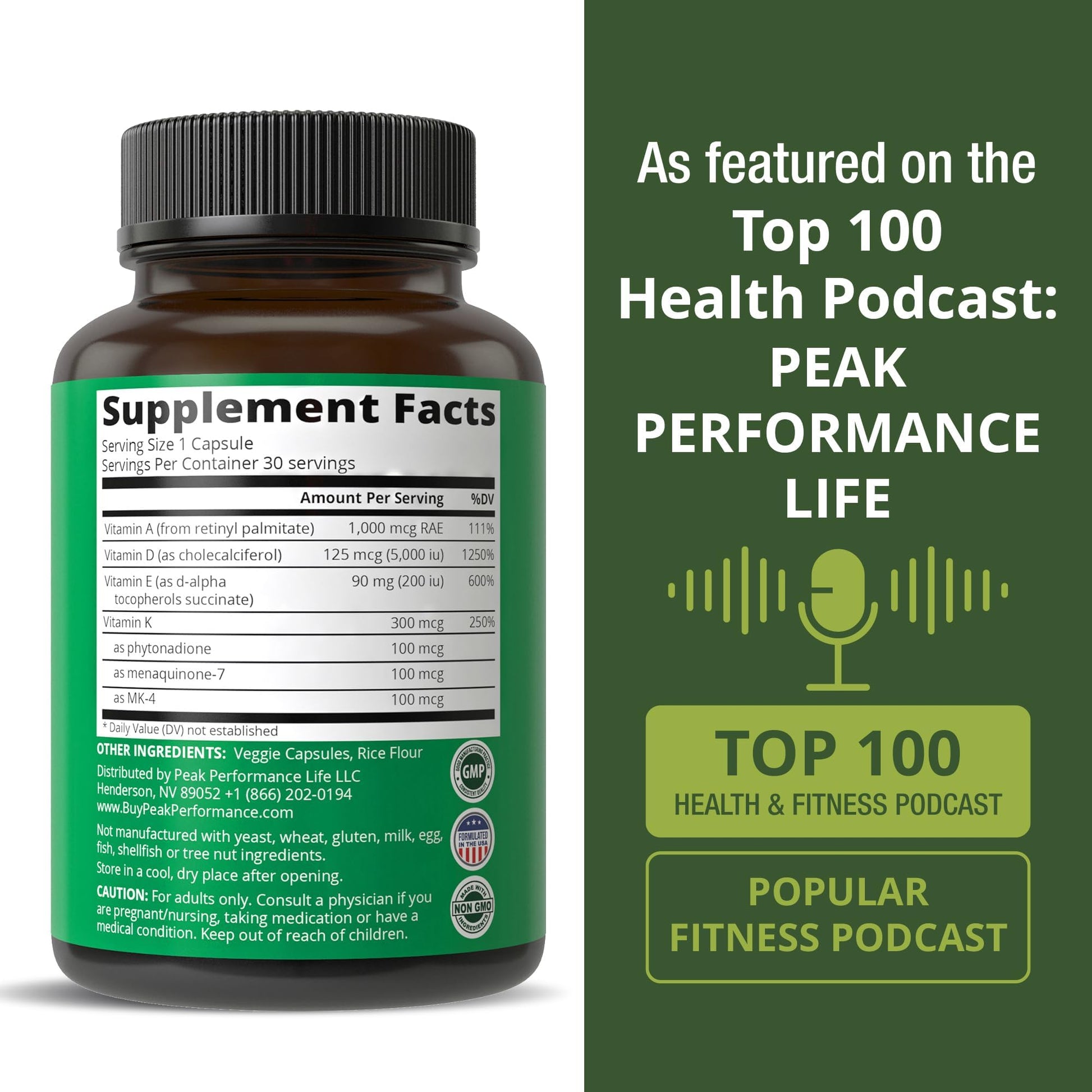 Peak Performance Vitamins D 5,000 iu + A + K + E All in 1 Easy to Swallow Vegan Capsule. ADK Vitamin Supplement with E D3 K2. Essential Vitamins for Mood, Immune, Bone, Vision, Heart Peak Performance Au supplements