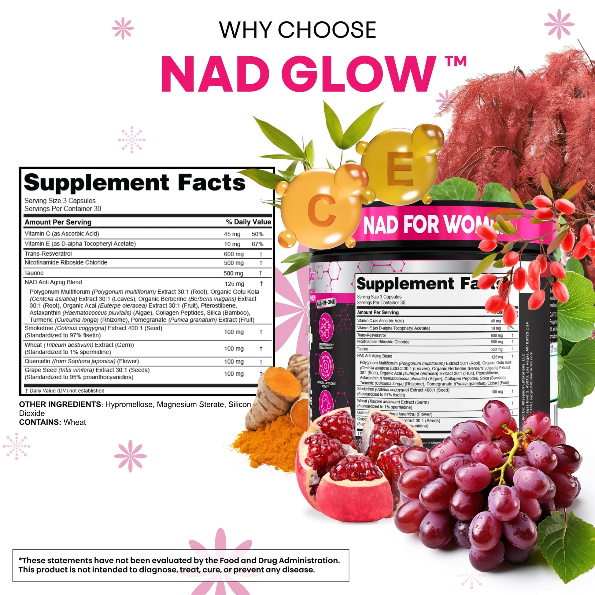 NAD+ Resveratrol Supplement for Women NAD Turmeric Vitamin C Acai Pomegranate Collagen Peptides Nicotinamide Riboside Fisetin Vitamin E Polygonum Multiflorum Berberine 90 Capsules by Clean Nutra Clean Nutraceuticals Au supplements
