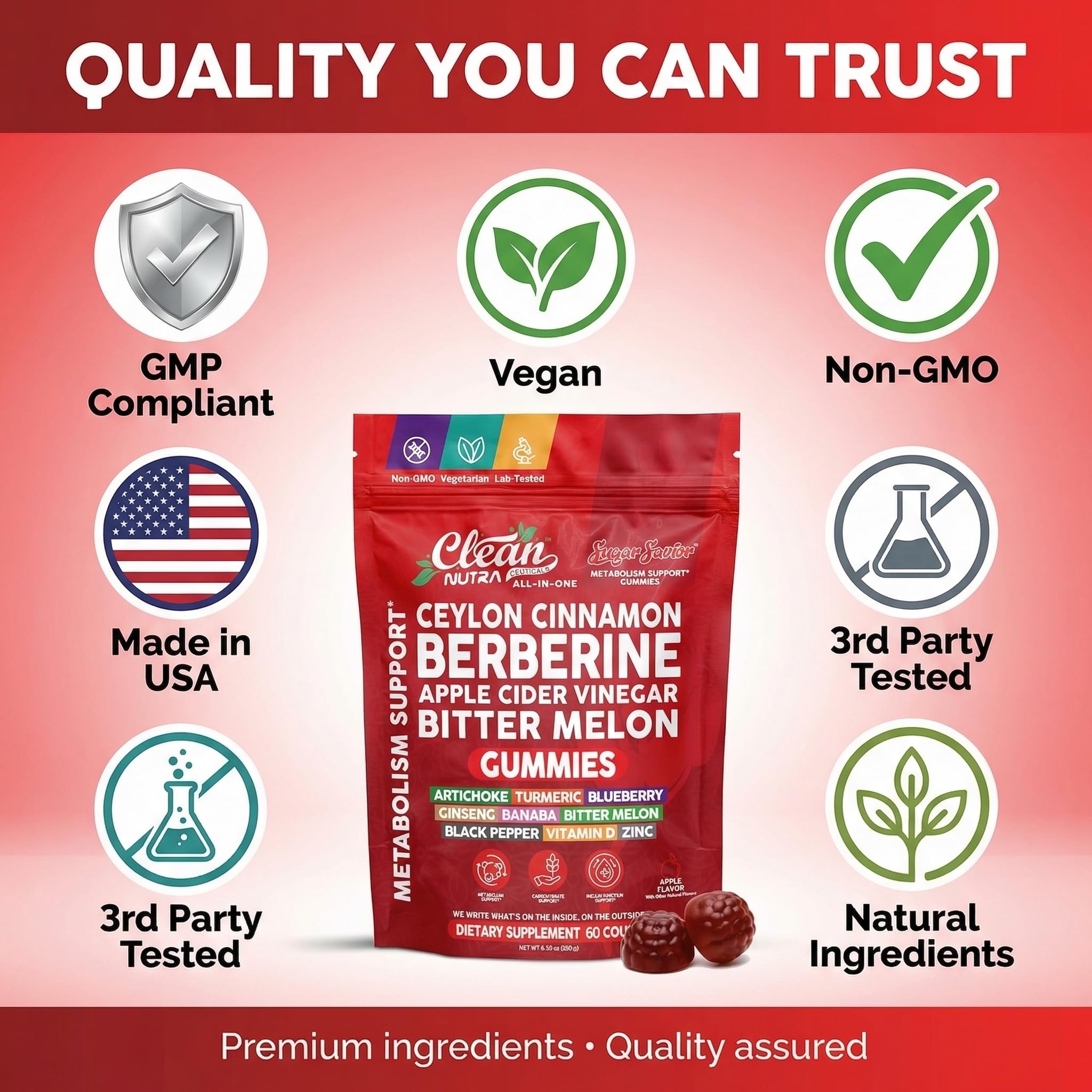 Sugar Savior Ceylon Cinnamon Berberine Gummies Apple Cider Vinegar Artichoke Turmeric Blueberry Ginseng Banaba Bitter Melon Black Pepper Vitamin D Zinc GLP1 Gummies 60 Count by Clean Nutra Clean Nutraceuticals Au supplements