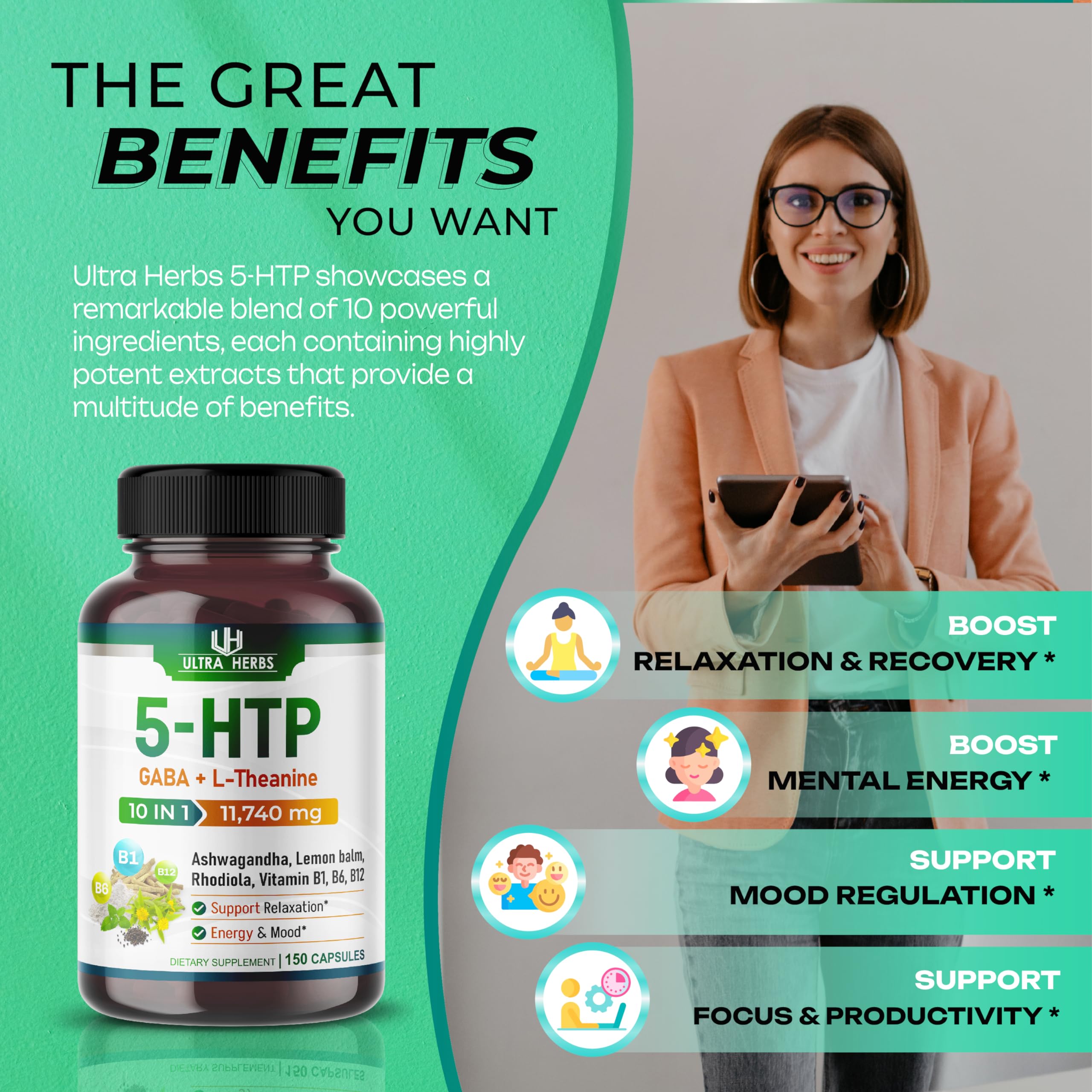 5-HTP Supplement 11,740mg 10 in 1 with GABA, L-Theanine, Ashwagandha, Rhodiola ULTRA HERBS Au supplements