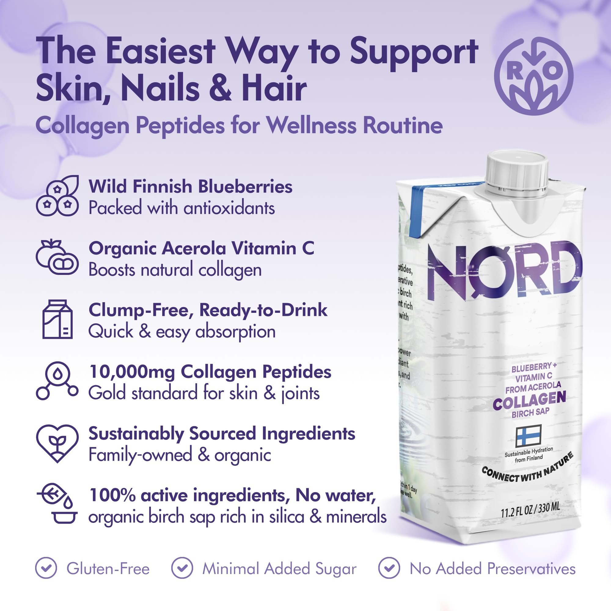 Nordic Liquid Collagen Peptide Drink, Organic Birch Sap, Wild blueberry + Vitamin C, Made in Finland - 10g Clinically Studied Grass Fed Collagen Peptides for Skin Hair Nails & Joint Support, with Silica, BPA-Free Beverage (12 Pack) Nordic Tree Water Au supplements