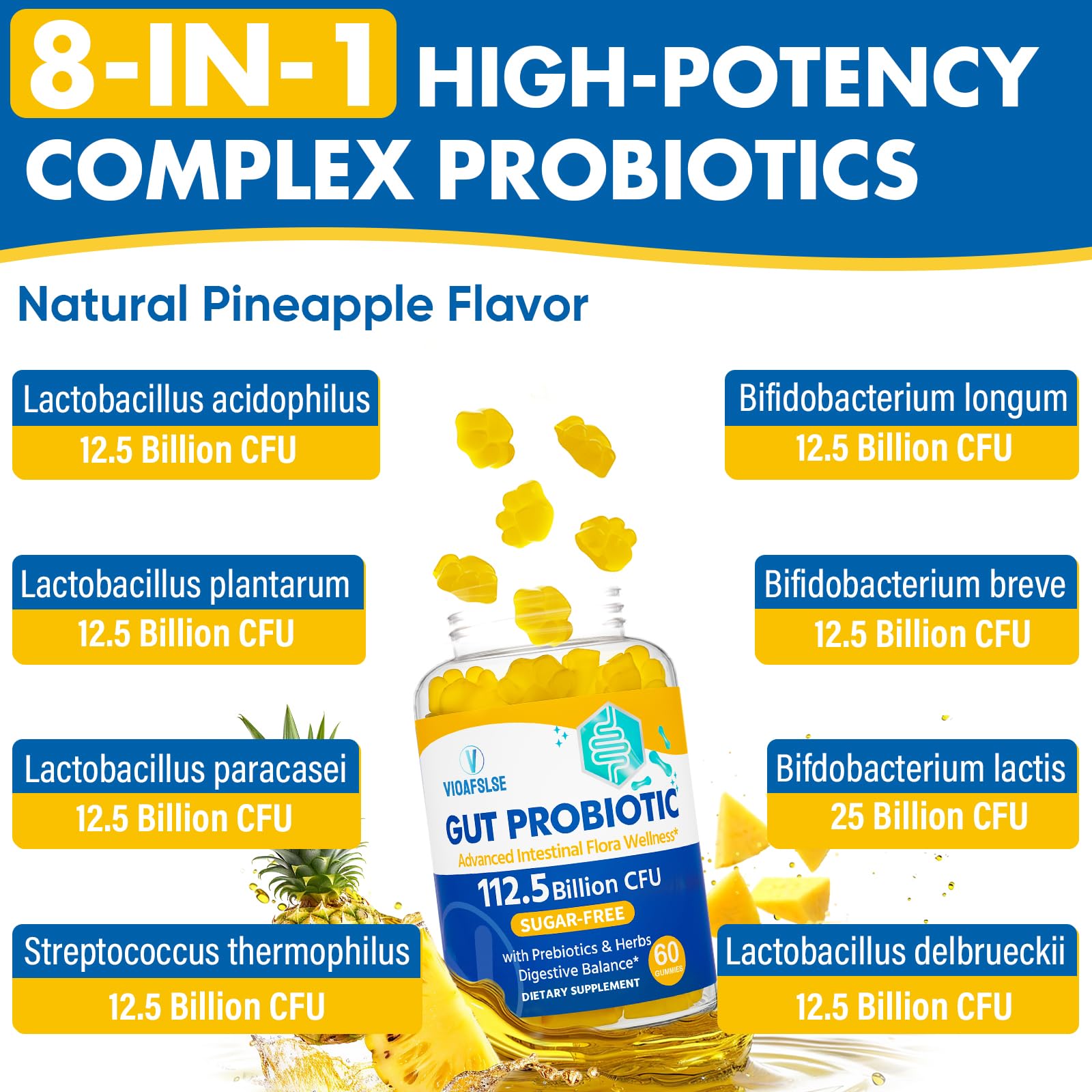 Gut Health & Probiotic Gummies, 112.5 Billion CFU, Sugar Free - 8 Strains + Prebiotics + Herbs - for Digestive, Immune, Diarrhea & Bloating - Gut Health for Women & Men, 60 Counts Probiotics Gummies VIOAFSLSE Au supplements