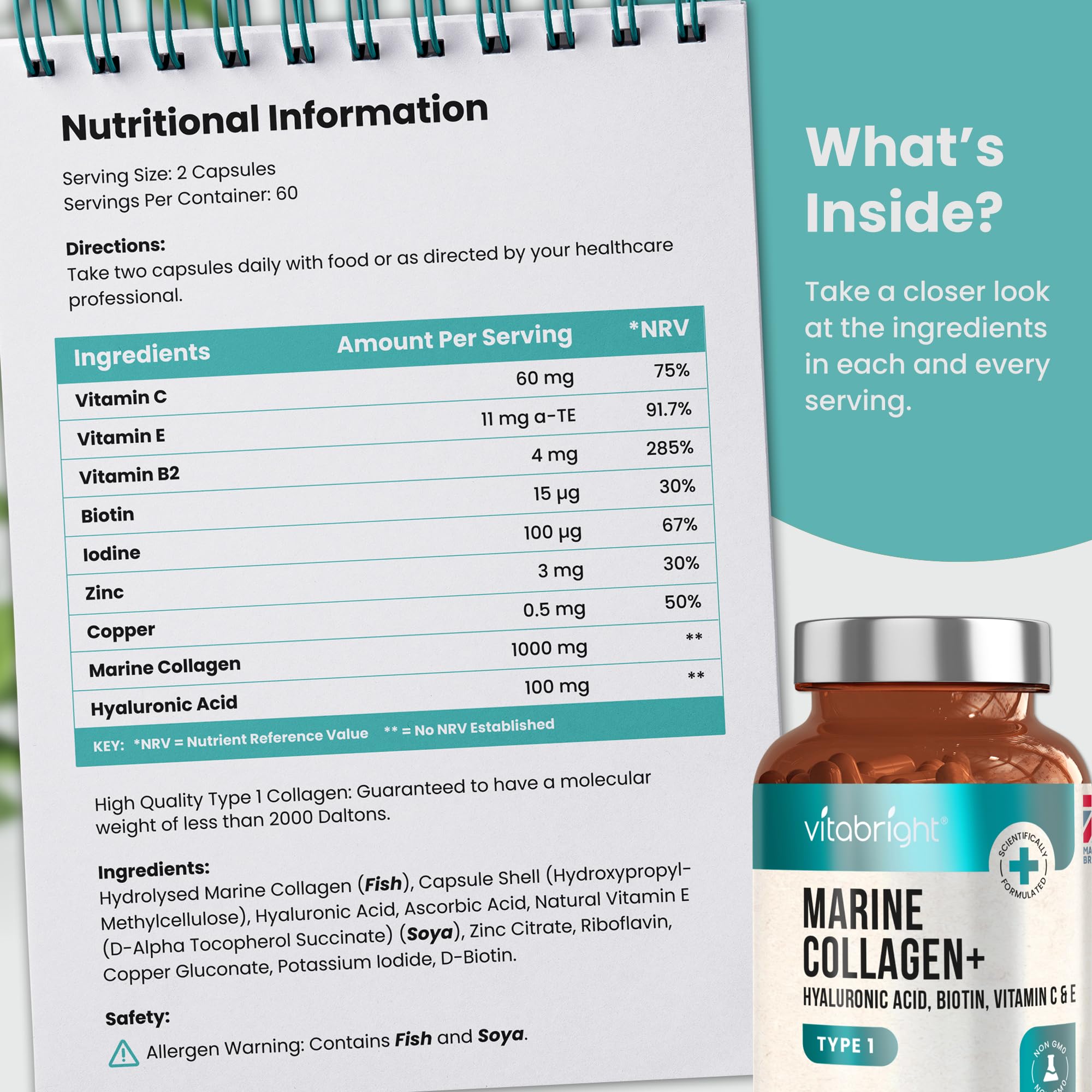 Marine Collagen Capsules 1000mg - 120 Capsules - 9 Powerful Skin Supporting Nutrients VitaBright Au supplements