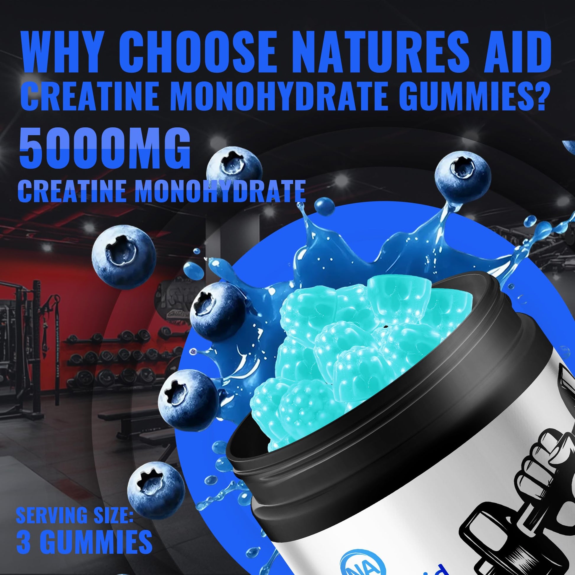 Natures Aid NSF Certified Creatine Gummy 5g - Creatine Monohydrate Gummies – Pre-Workout Energy & Muscle Growth Support for Men & Women | Blueberry Electrolyte Gummies (135 Count) Natures Aid Au supplements