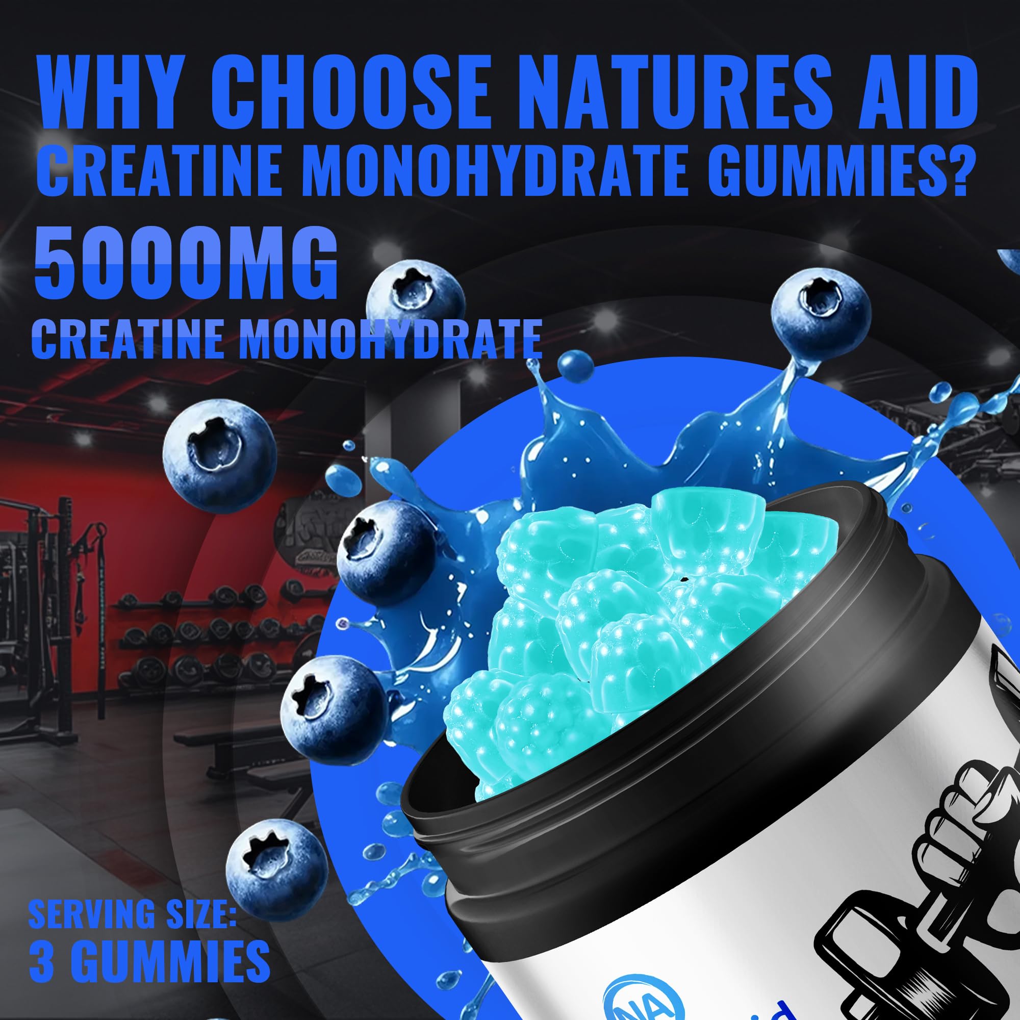 Natures Aid NSF Certified Creatine Gummy 5g - Creatine Monohydrate Gummies – Pre-Workout Energy & Muscle Growth Support for Men & Women | Blueberry Electrolyte Gummies (135 Count) Natures Aid Au supplements
