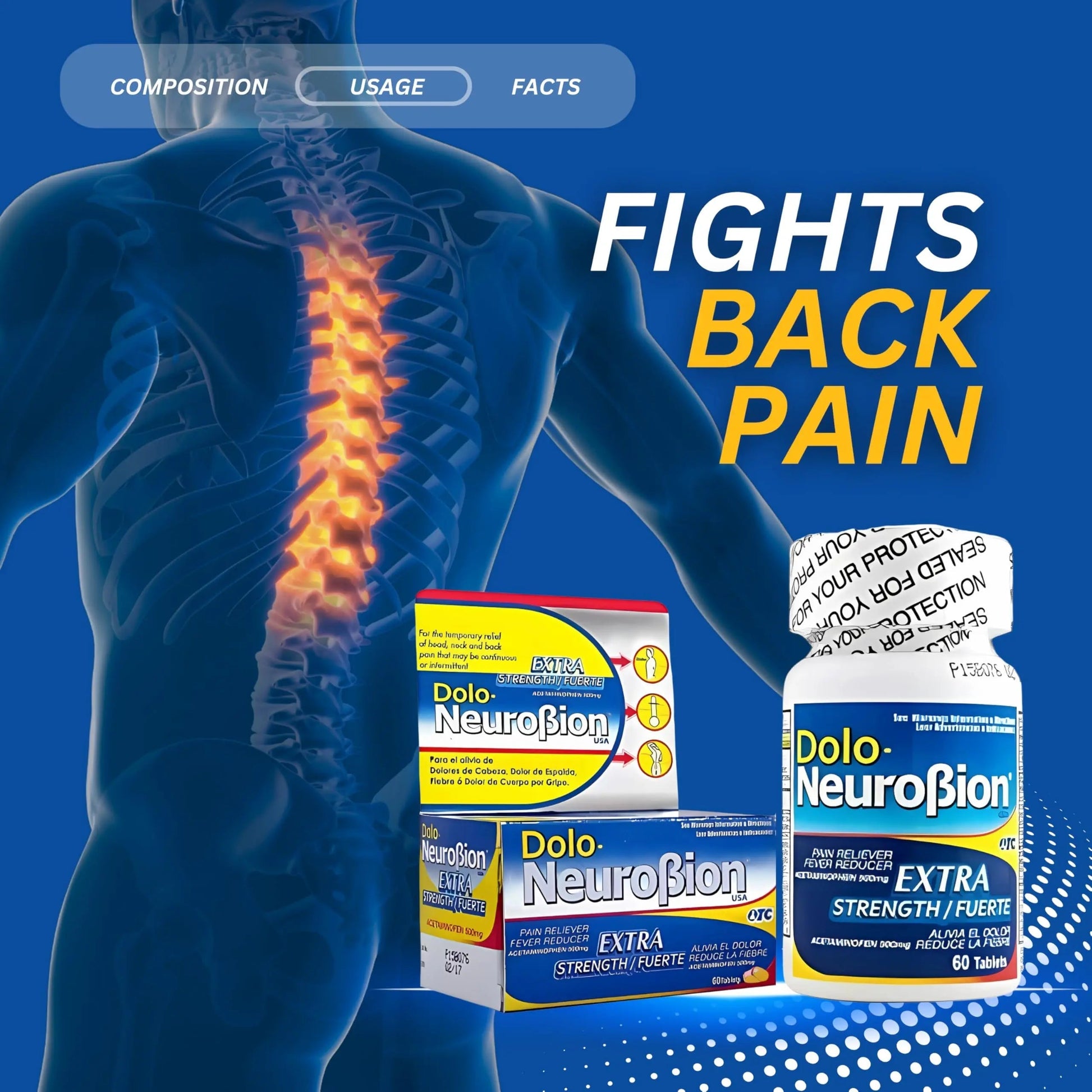 Dolo Neurobion Pain Reliever, Fever Reducer, Extra Strength. Alivia el Dolor,Reduce la Fiebre, Extra Fuerte. 60 Tablets. Acetaminophen 500 mg Neurobion Au supplements