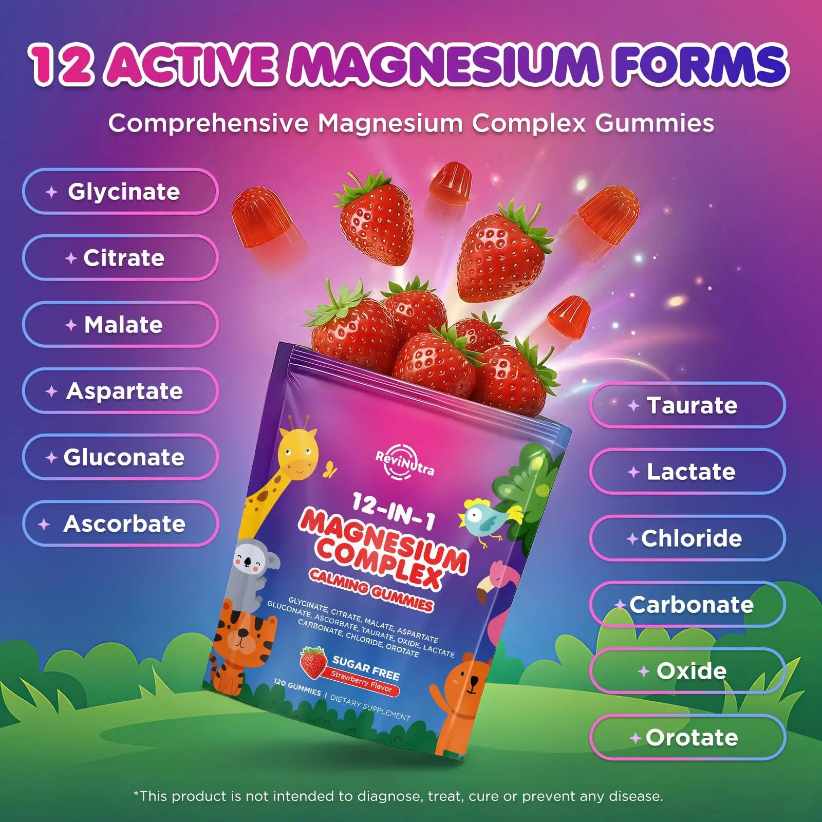 Magnesium Complex 700mg - 12 in 1 Magnesium Gummies with Glycinate, Citrate, Malate, Oxide, Taurate, Aspartate, Orotate - Supports Relaxation, Muscle & Heart - Sugar Free Strawberry 120 Count ReviNutra Au supplements