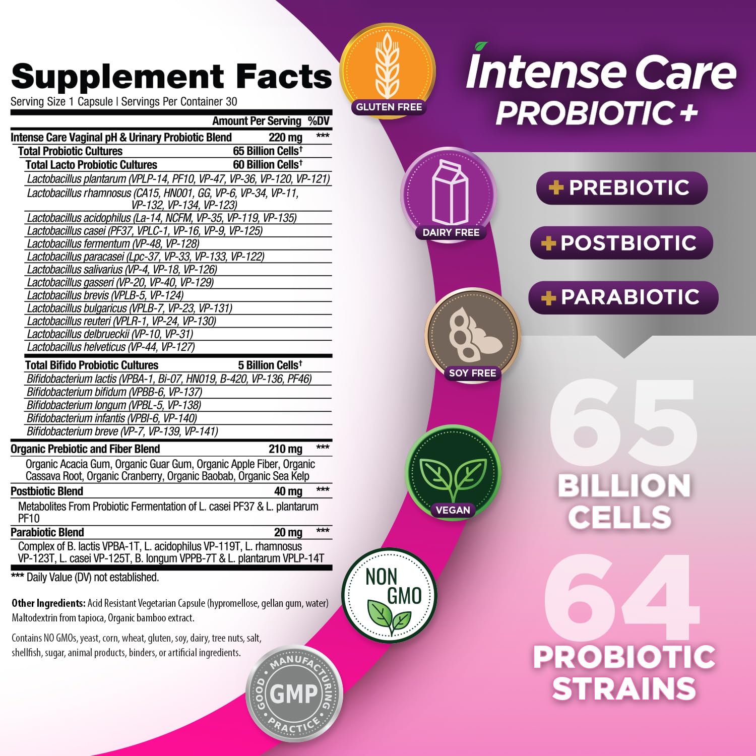 Vital Planet - Intense Care Vaginal pH & Urinary Probiotics for Women Plus Organic Prebiotics, Postbiotics, and Parabiotics, 65 Billion CFU and 64 Strains, Immune and Digestive Health 30 ct Vital Planet Au supplements