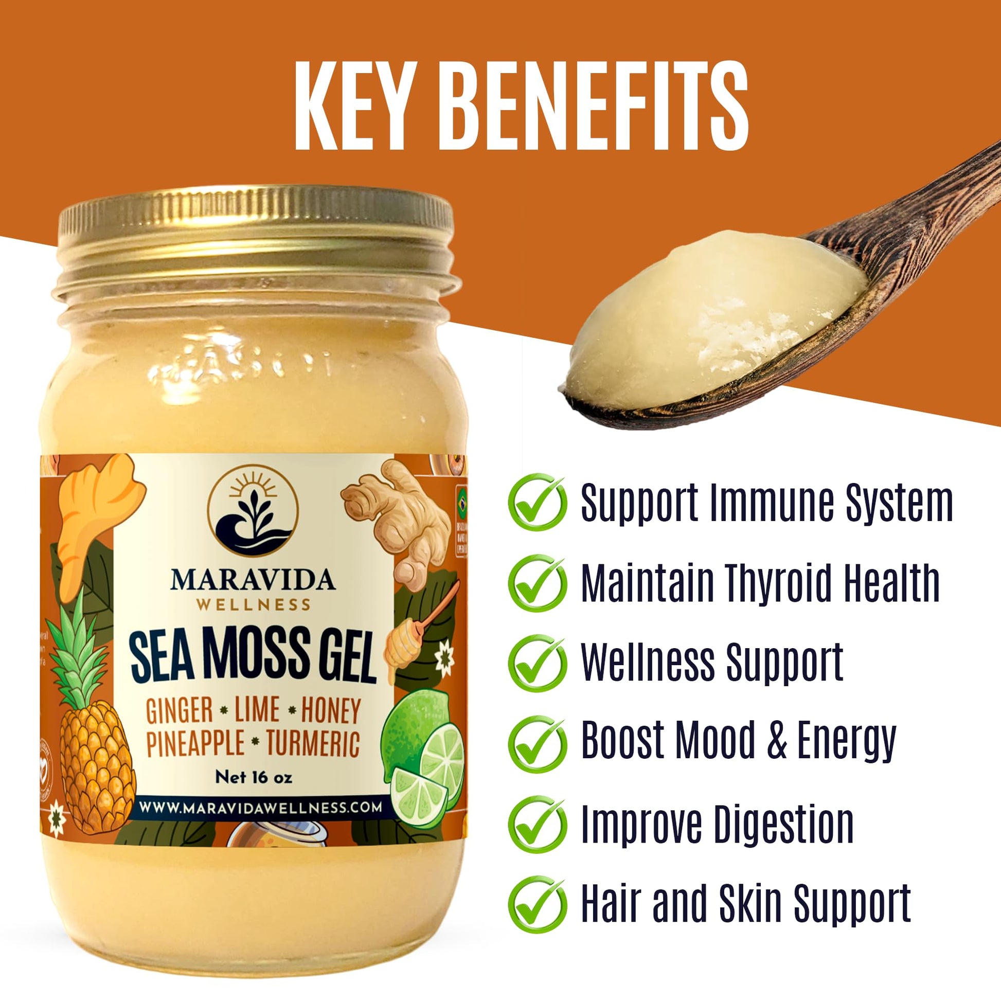 Maravida Wellness Sea Moss Gel – Pineapple, Lime, Honey, Ginger & Turmeric – 100% Natural Raw Organic Irish Moss – 16oz Jar – Premium Superfood for Everyday Wellness Maravida Wellness Au supplements