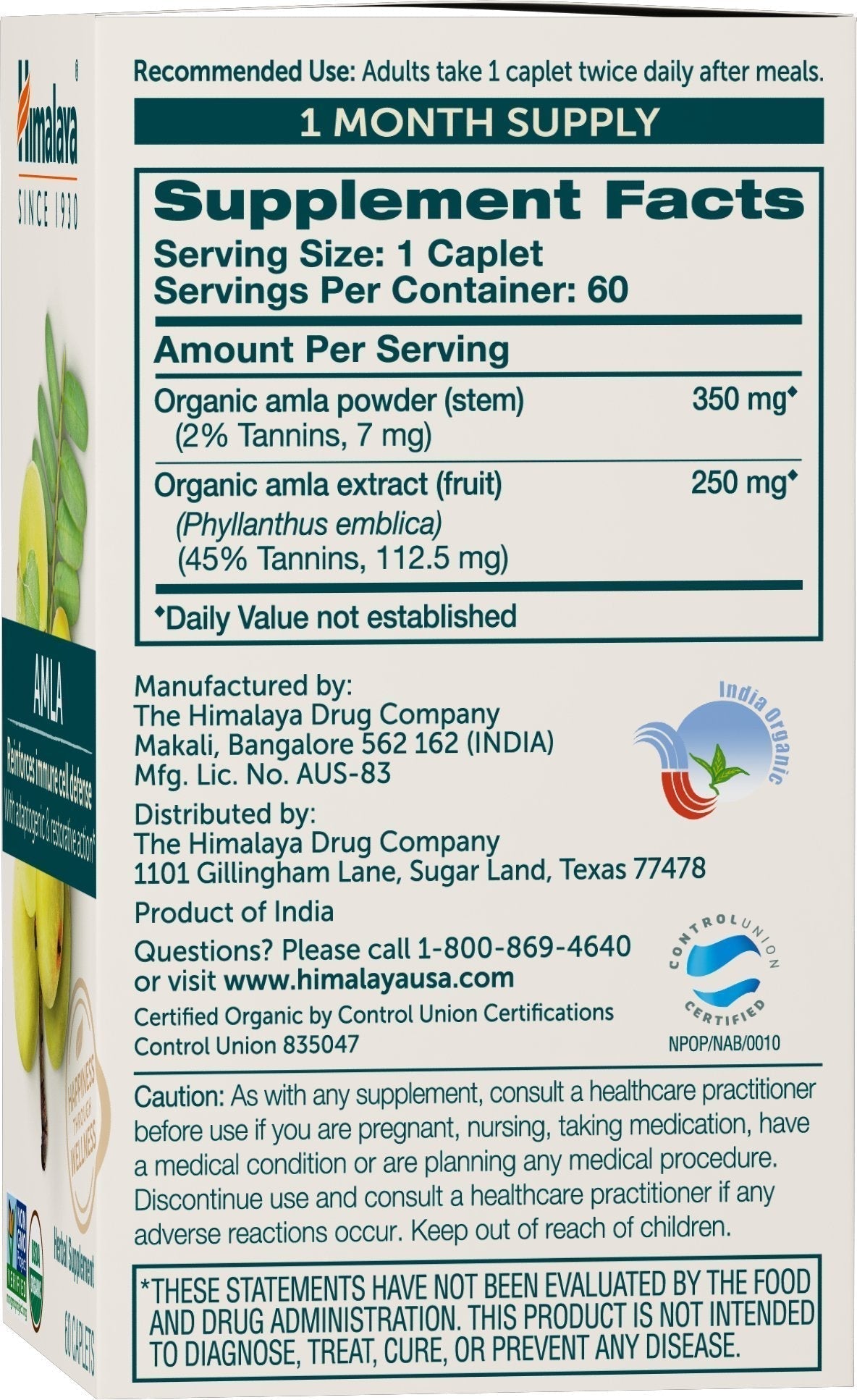 Himalaya Organic Amla - Herbal Immune Support Supplement with Adaptogen and Antioxidant - USDA Organic, Vegan, Non-GMO, Gluten Free, 600 mg, 60 Caplets Himalaya Au supplements
