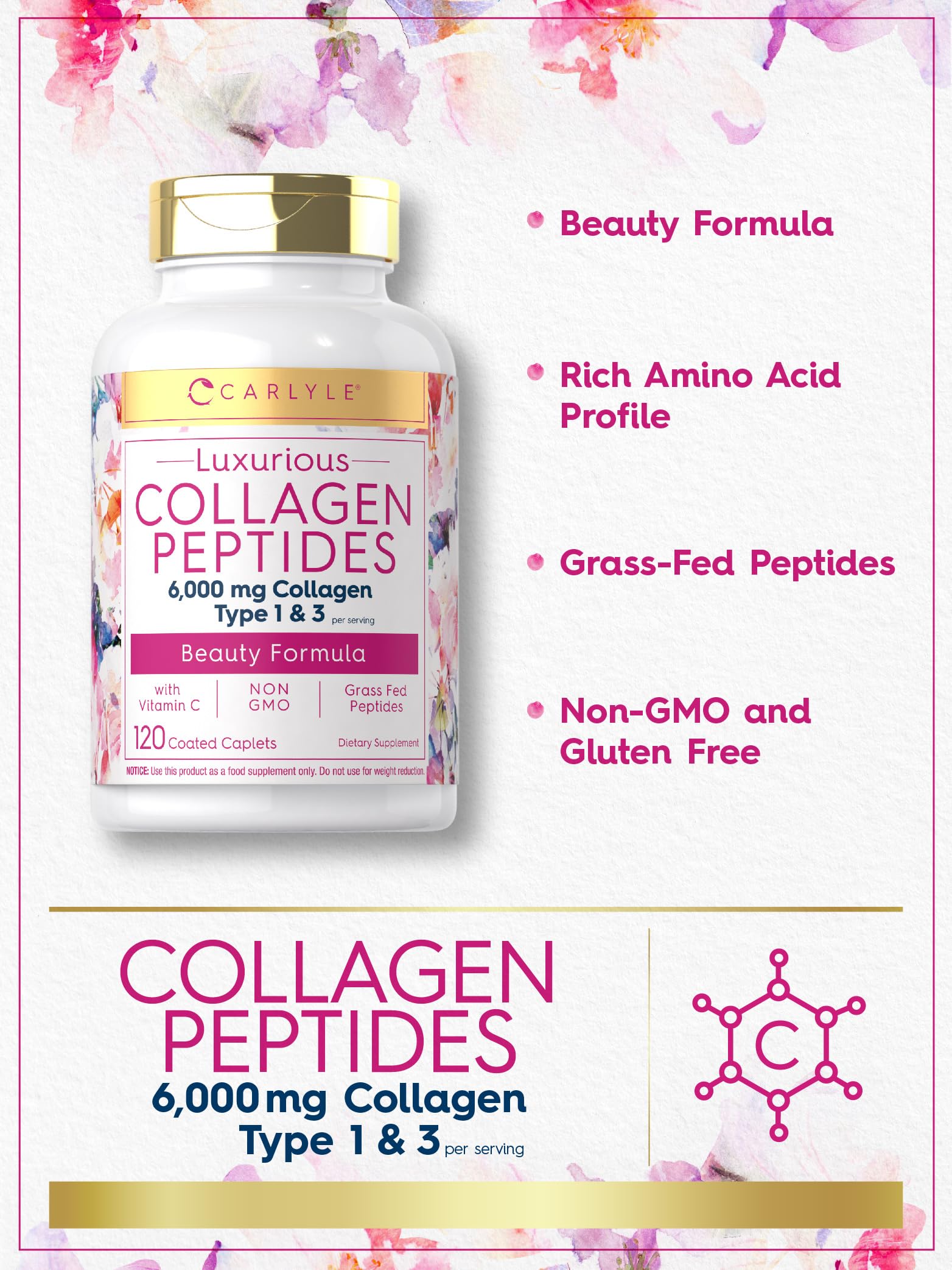 Carlyle Collagen with Vitamin C | 6000mg | 120 Caplets | Multi Collagen Peptide Pills Carlyle Au supplements