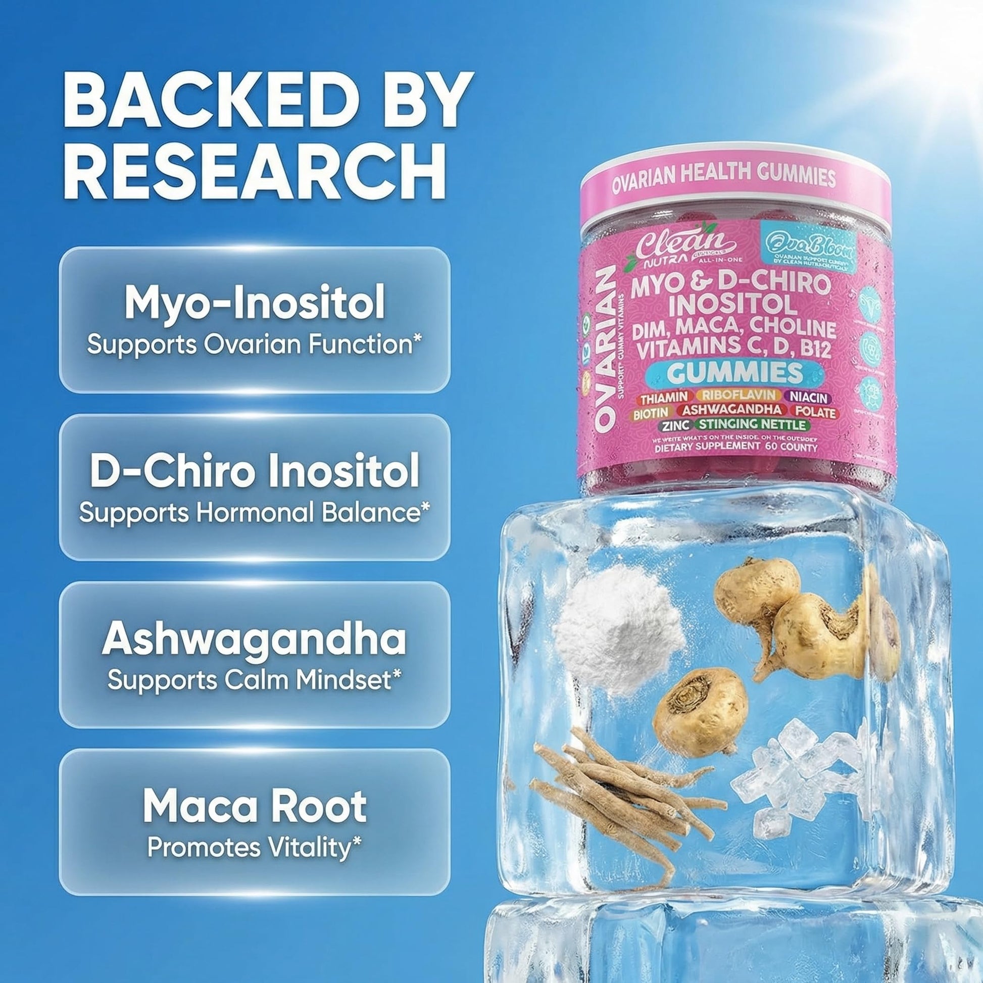OVA Bloom Ovarian Support Gummies Myo Inositol D-Chiro Inositol Choline Flax Biotin Riboflavin Thiamin Niacin Ashwagandha DIM Maca Root Vitamin C D3 B12 Zinc 60 Count By Clean Nutra Clean Nutraceuticals Au supplements