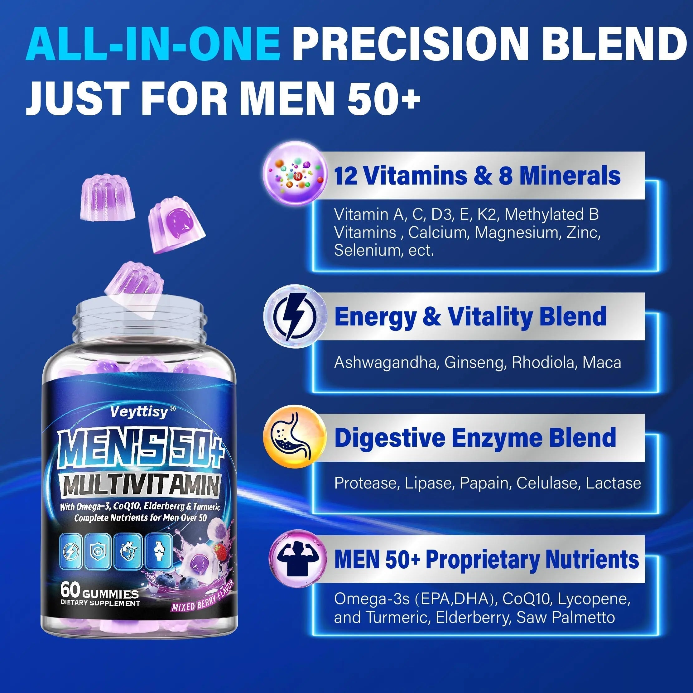 Sugar Free Multivitamin Gummies for Men 50 Plus - Methylated Multivitamin with Omega-3, CoQ10, Elderberry & Turmeric Veyttisy Au supplements