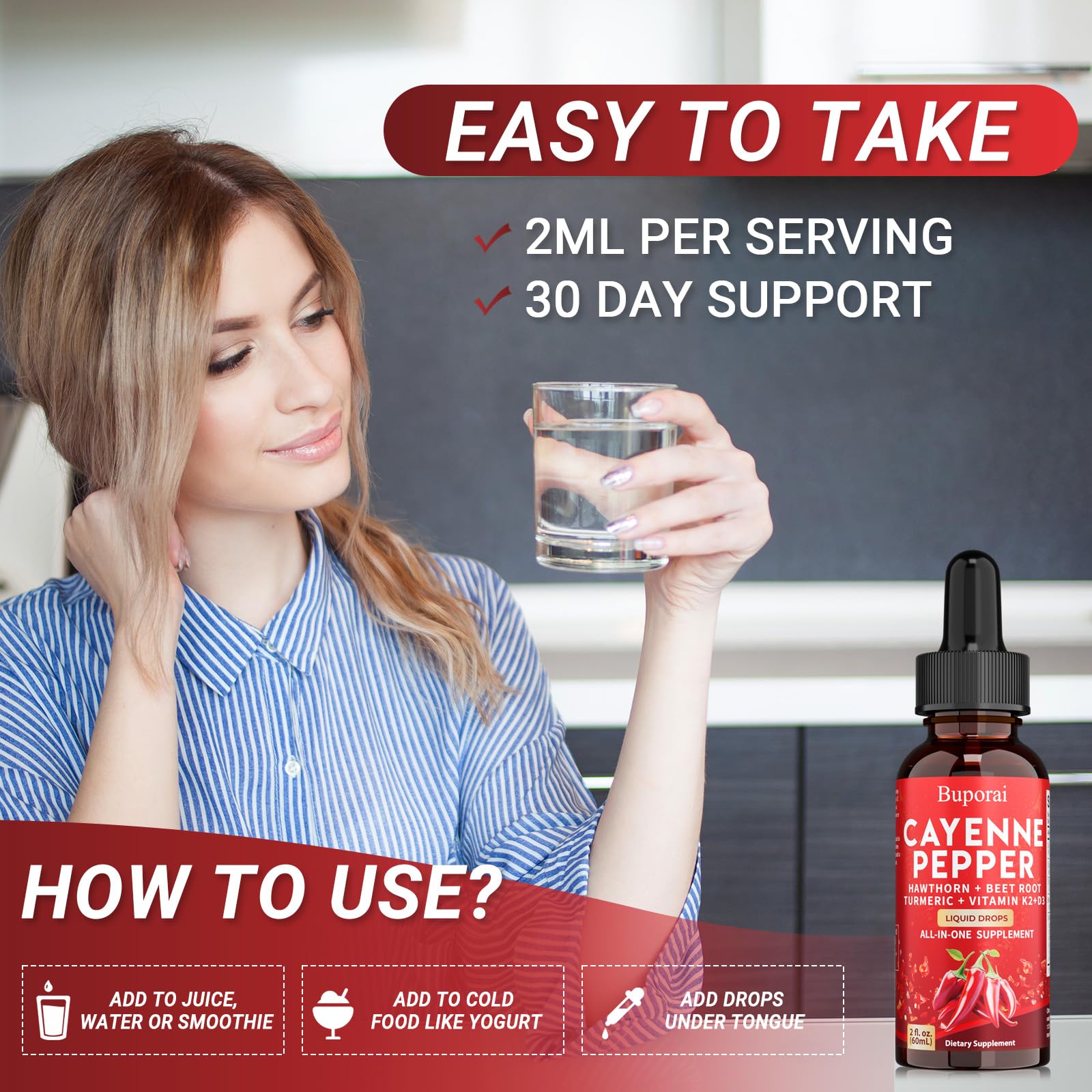 Buporai Cayenne Pepper Drops, Cayenne Pepper Extract Liquid Supplement for Overall Well-Being, 2 fl oz, Vitamin D3 K2 Beet Root Powder Buporai Au supplements