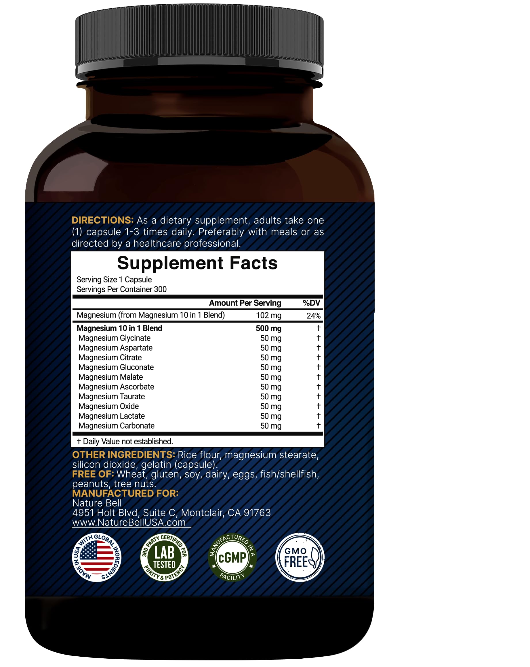 Magnesium Complex 500mg, 300 Capsules | 10-in-1 Magnesium Glycinate, Citrate, Malate & More | Chelated Form for Easy Absorption | Non-GMO NatureBell Au supplements