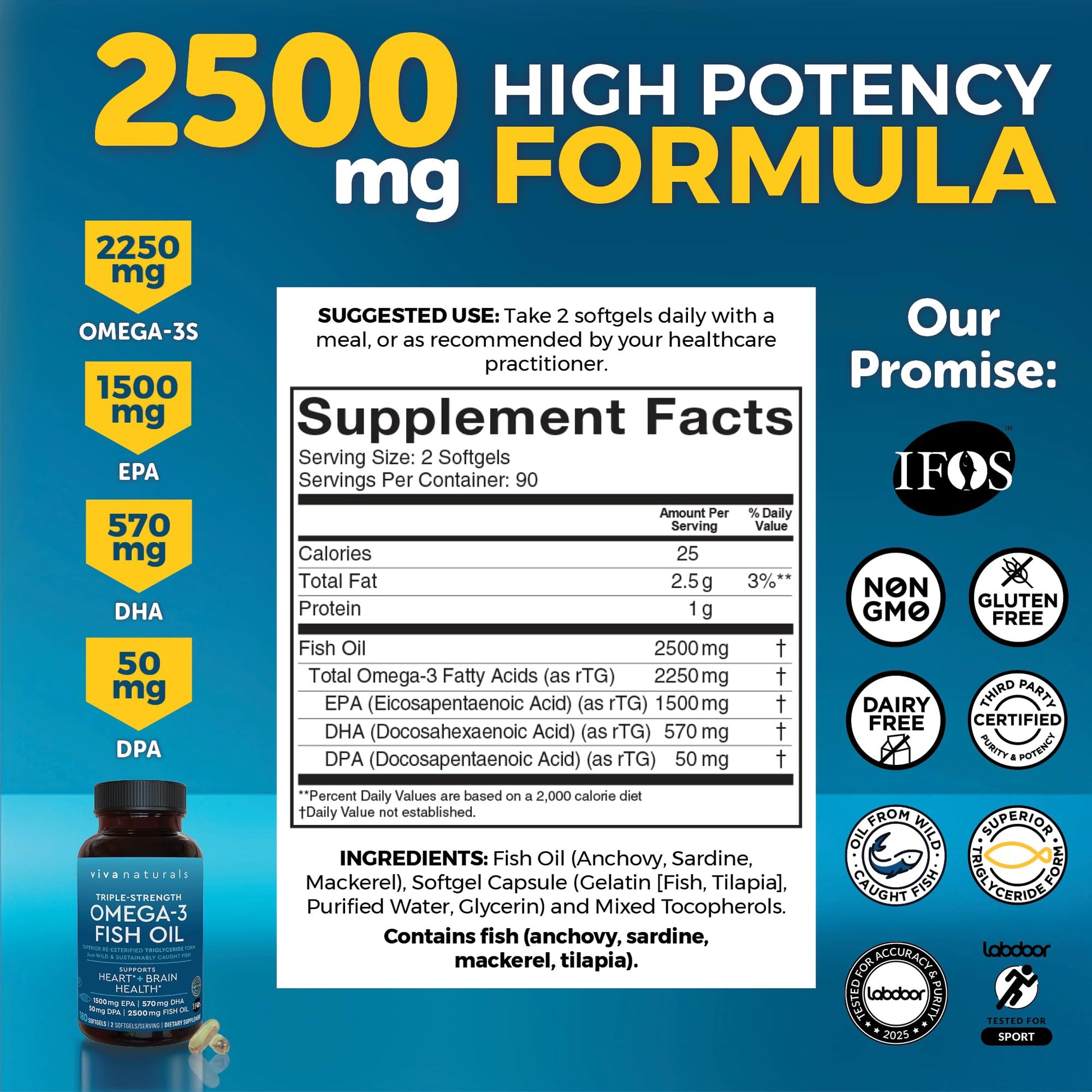 Triple Strength Fish Oil Omega 3 Supplements for Women and Men – 2500 mg High-Potency, Easy-to-Absorb Re-esterified Triglyceride Form, Pescatarian-Friendly DPA Omega 3 EPA DHA Supplement,180 Softgels Viva Naturals Au supplements