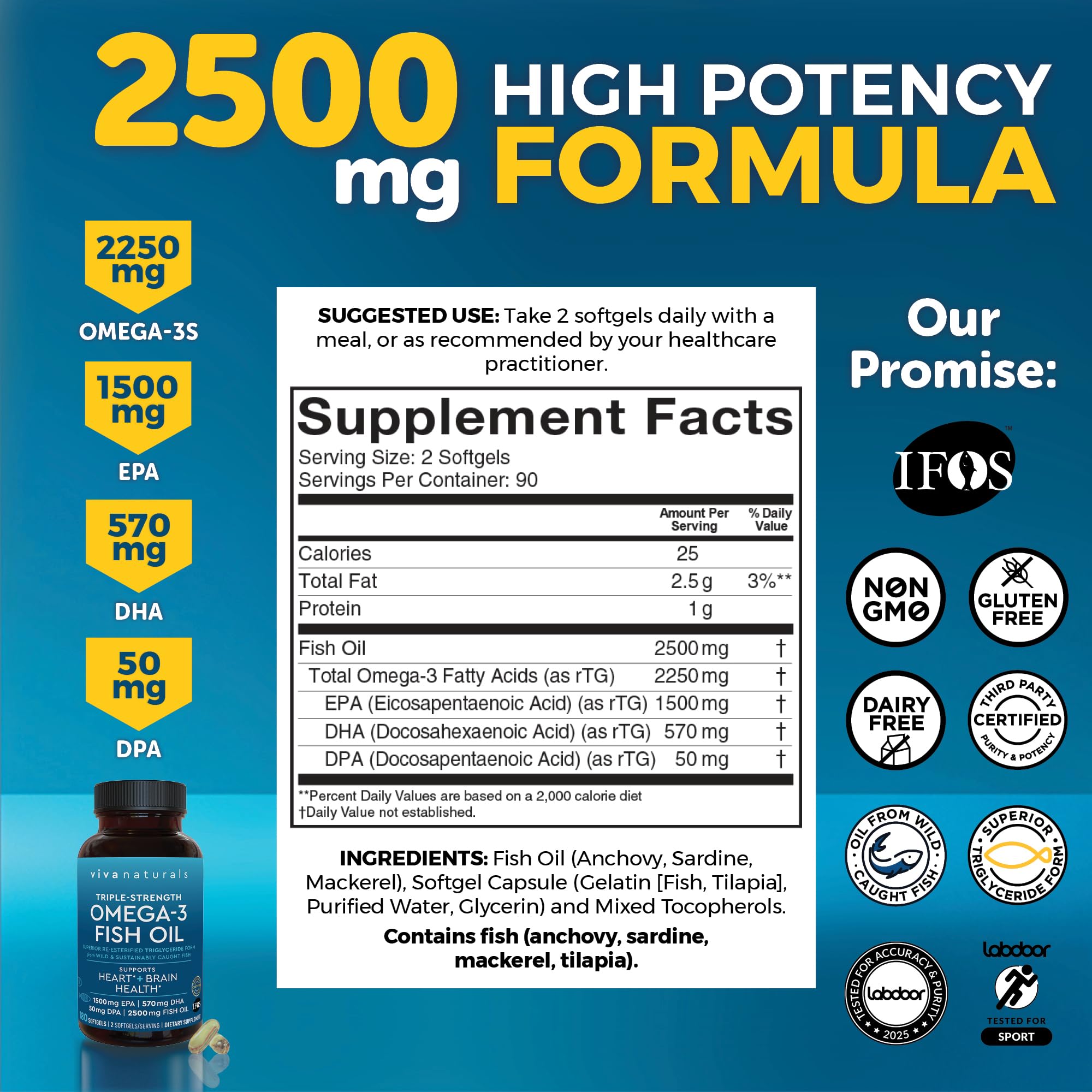 Triple Strength Fish Oil Omega 3 Supplements for Women and Men – 2500 mg High-Potency, Easy-to-Absorb Re-esterified Triglyceride Form, Pescatarian-Friendly DPA Omega 3 EPA DHA Supplement,180 Softgels Viva Naturals Au supplements