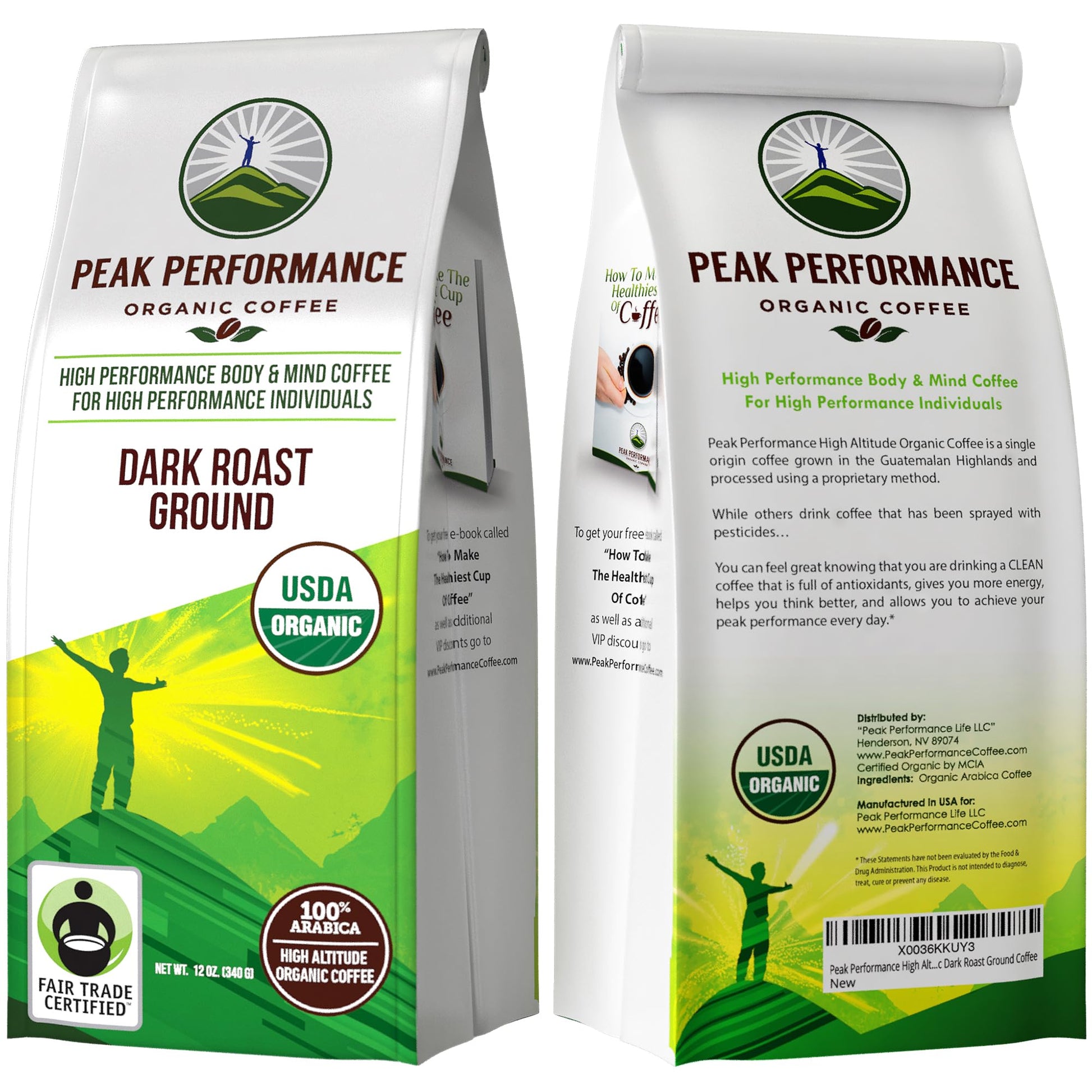 Peak Performance High Altitude Organic Coffee - Fair Trade, Low Acid, Non GMO, and Beans Full of Antioxidants - Dark Roast Smooth Tasting USDA Certified Organic Ground Coffee Bag 12 oz Peak Performance Au supplements