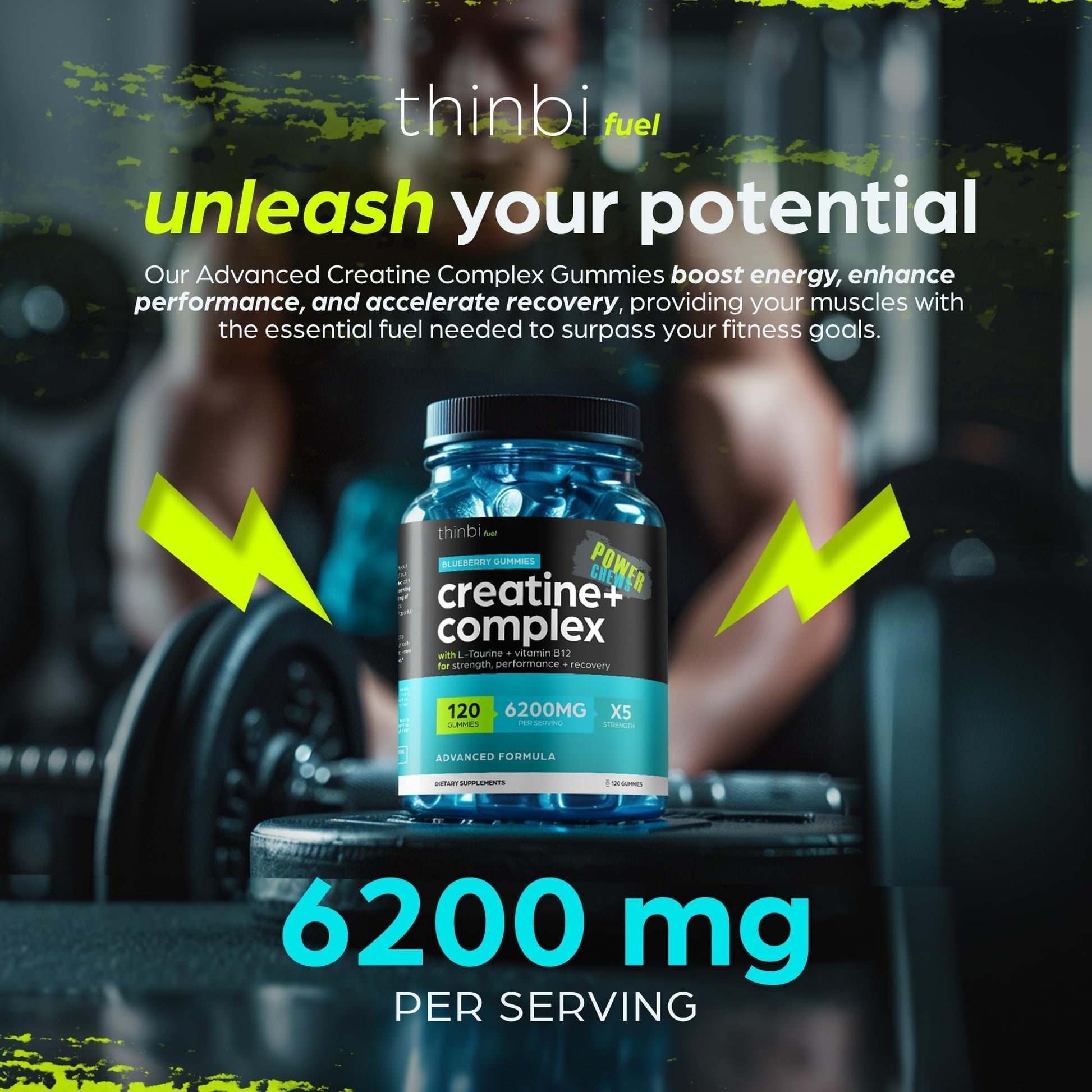 Creatine Monohydrate Gummies Complex 6200mg for Men & Women - 120 Gummies Advanced Formula W/L-Taurine + Vitamin B12 for Muscle Strength, Muscle Builder, Energy Boost, Pre-Workout Supplement - Thinbi Thinbi Au supplements