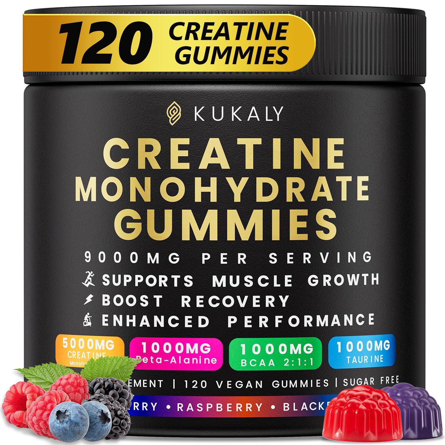 kukaly Creatine Monohydrate Gummies for Men & Women, 9000MG Creatine Gummies Sugar Free - Mixed Flavored with L-Taurine, BCAA 2:1, B12 B6 for Boost Strength, Focus & Endurance, Vegan, Non-GMO, 120pcs kukaly Au supplements