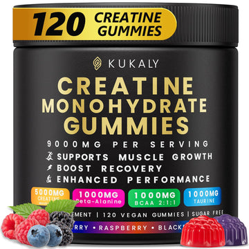 kukaly Creatine Monohydrate Gummies for Men & Women, 9000MG Creatine Gummies Sugar Free - Mixed Flavored with L-Taurine, BCAA 2:1, B12 B6 for Boost Strength, Focus & Endurance, Vegan, Non-GMO, 120pcs kukaly Au supplements