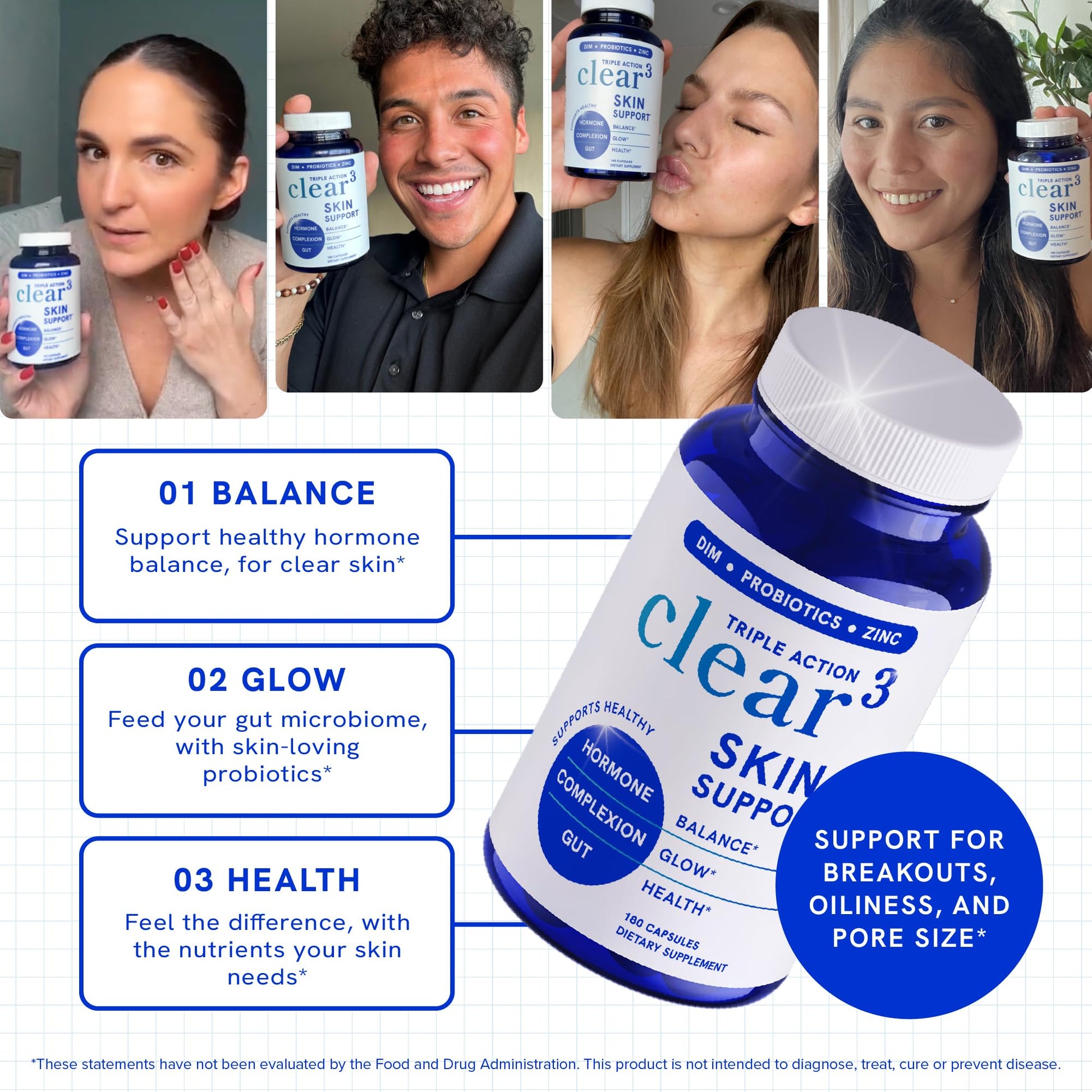 Clear Skin Supplement with Zinc, DIM & Probiotics | 3-in-1 Balance, Glow & Health Skin Support | Triple Action Hyaluronic Acid, Niaciminide & Vitamins for Hormone, Complexion & Gut Support | 180 Ct SMNutrition Au supplements