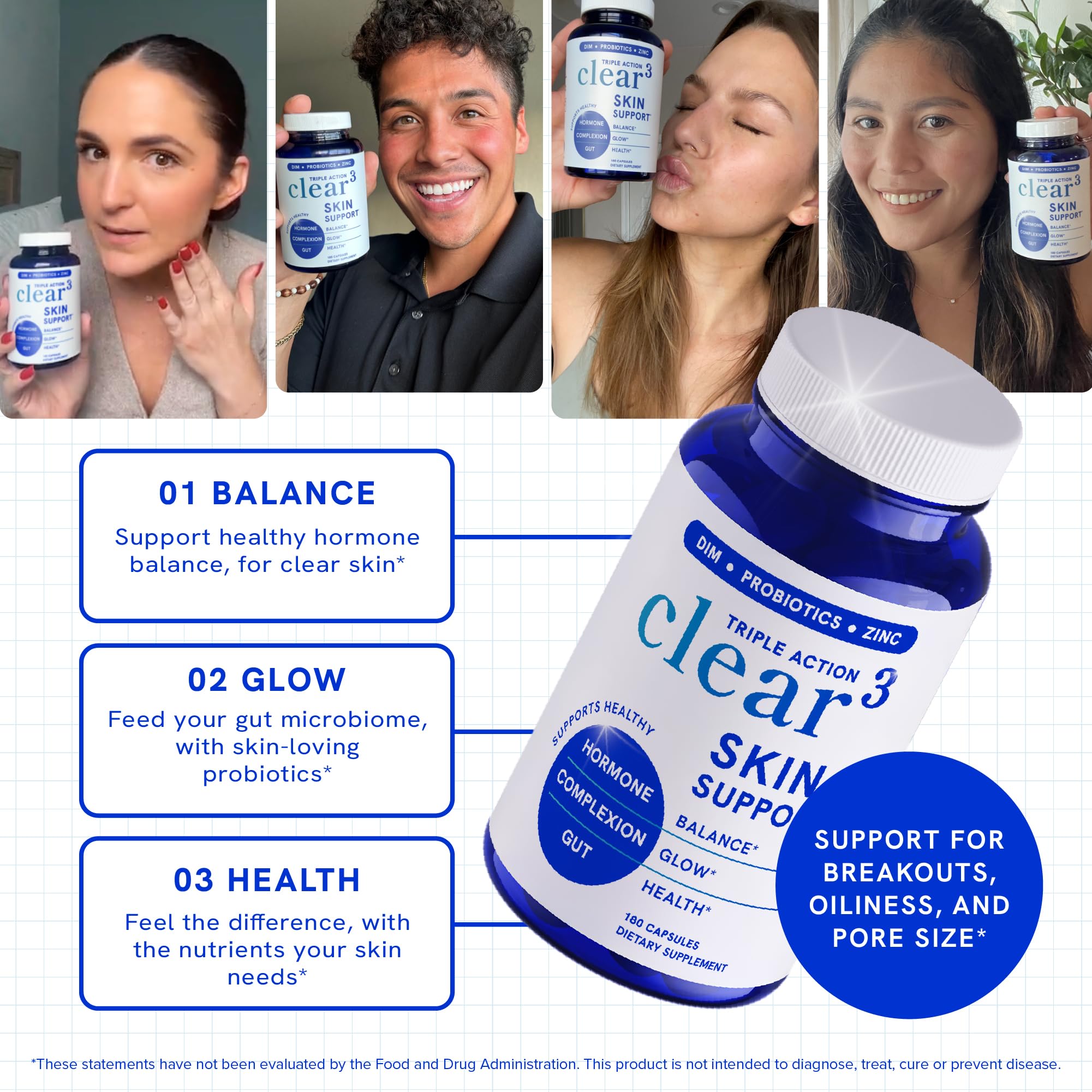 Clear Skin Supplement with Zinc, DIM & Probiotics | 3-in-1 Balance, Glow & Health Skin Support | Triple Action Hyaluronic Acid, Niaciminide & Vitamins for Hormone, Complexion & Gut Support | 180 Ct SMNutrition Au supplements