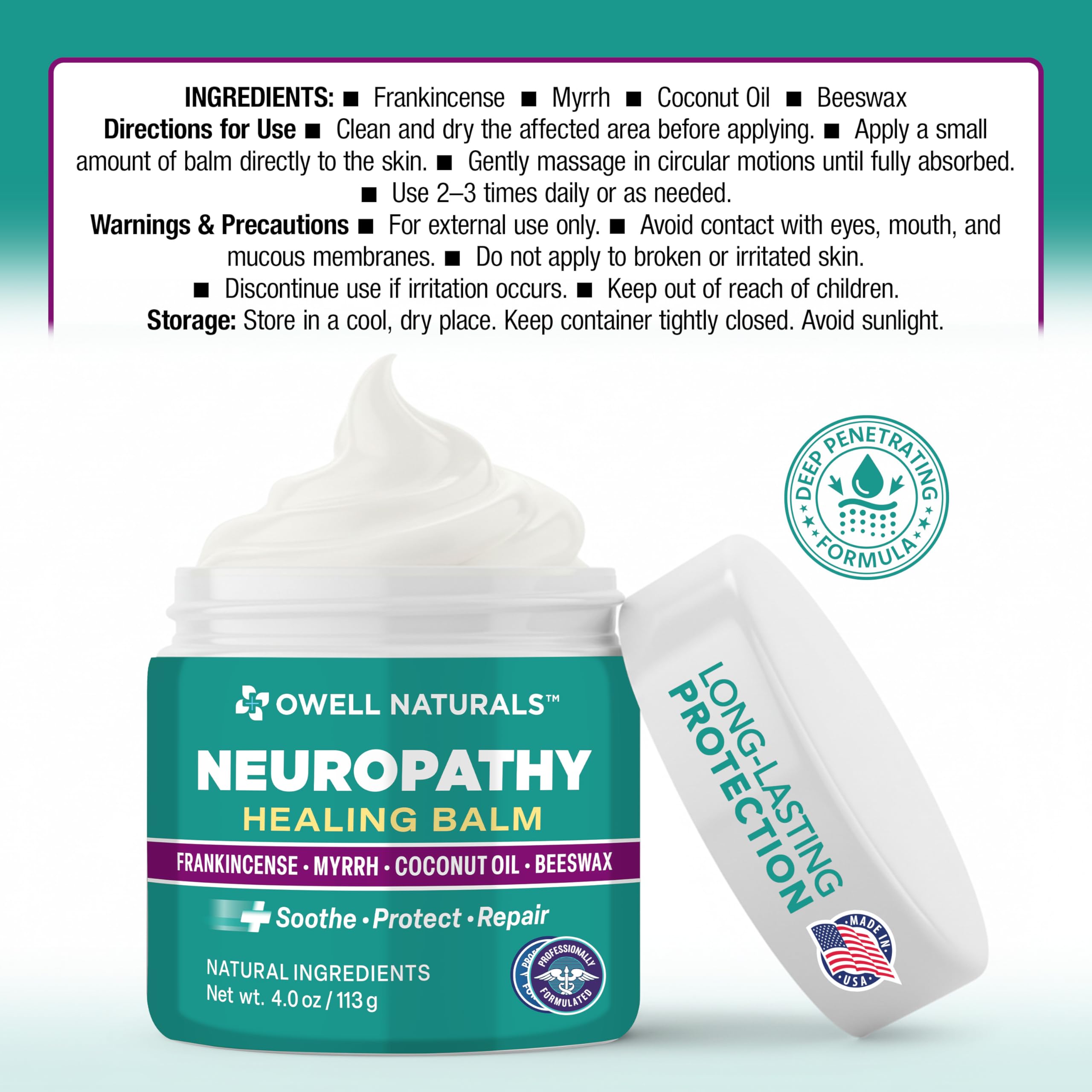 OWELL NATURALS Neuropathy Healing Balm, Fast Acting, with Frankincense, Myrrh, Coconut Oil & Beeswax, Natural Ingredients – Soothe, Protect & Repair, 4 oz (Pack of 1) Owell Naturals Au supplements