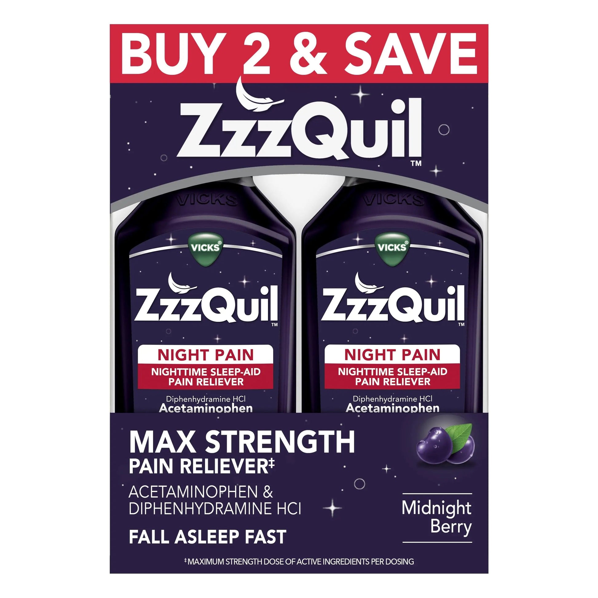 ZzzQuil Liquid, Max Strength Pain Reliever, Nighttime Sleep Aid Liquid, Acetaminophen 1000mg, Diphenhydramine 50mg HCI, Non-Habit Forming, Midnight Berry Flavored, 2 Pack, 24 FL OZ ZzzQuil Au supplements