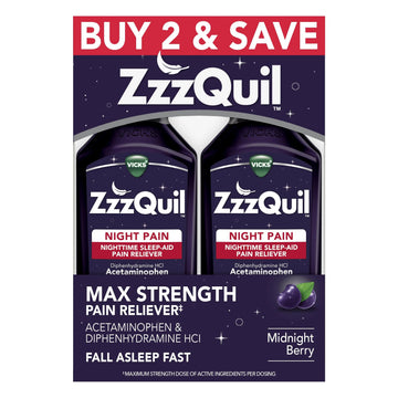 ZzzQuil Liquid, Max Strength Pain Reliever, Nighttime Sleep Aid Liquid, Acetaminophen 1000mg, Diphenhydramine 50mg HCI, Non-Habit Forming, Midnight Berry Flavored, 2 Pack, 24 FL OZ ZzzQuil Au supplements