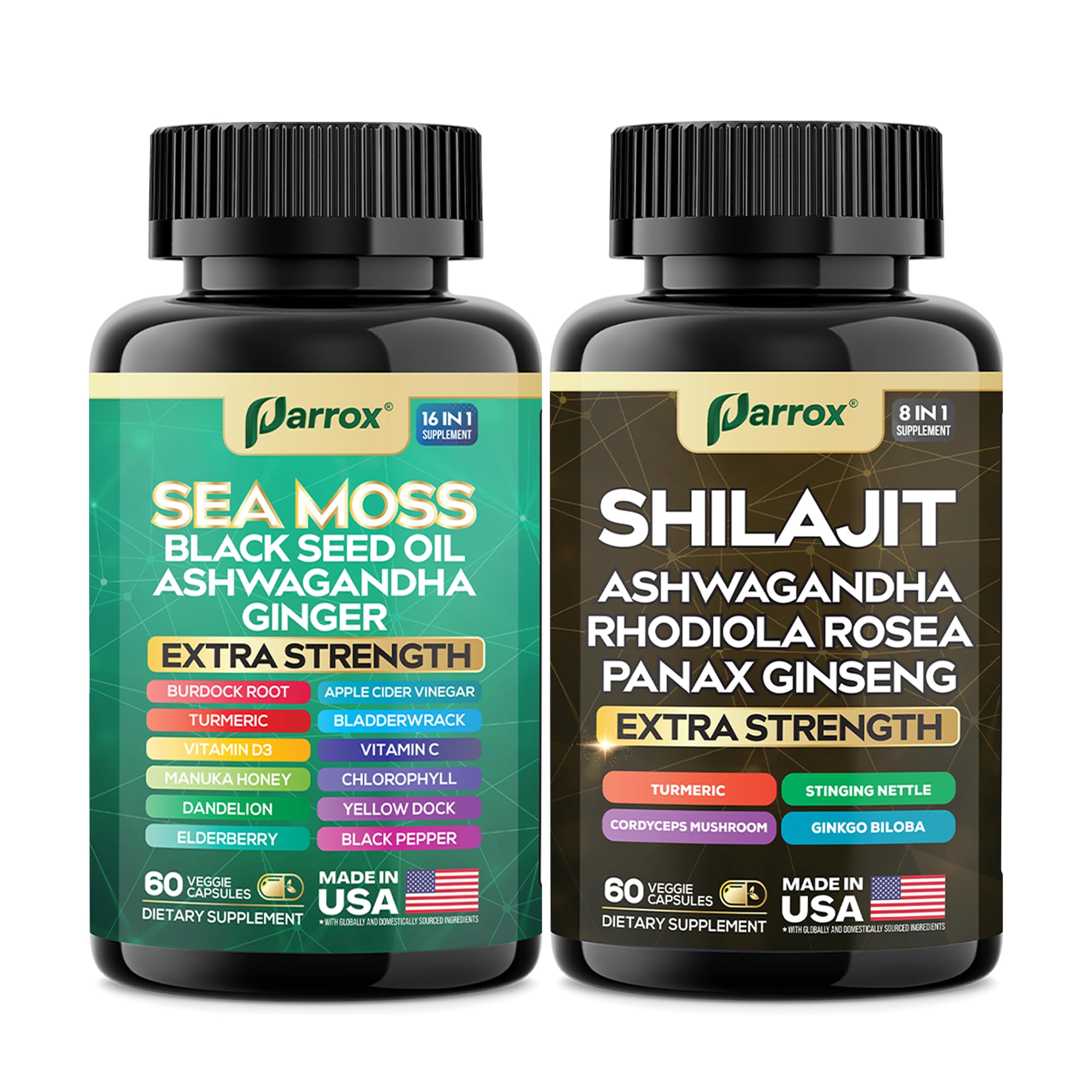 Parrox Shilajit and Sea Moss Bundle, Sea Moss 350mg, Black Seed Oil 200mg, Ashwagandha 100mg, Turmeric, Shilajit 300mg, Rhodiola Rosea 100mg, Panax Ginseng 50mg, Dynamic Vitality Bundle (2 Pack) Parrox Au supplements