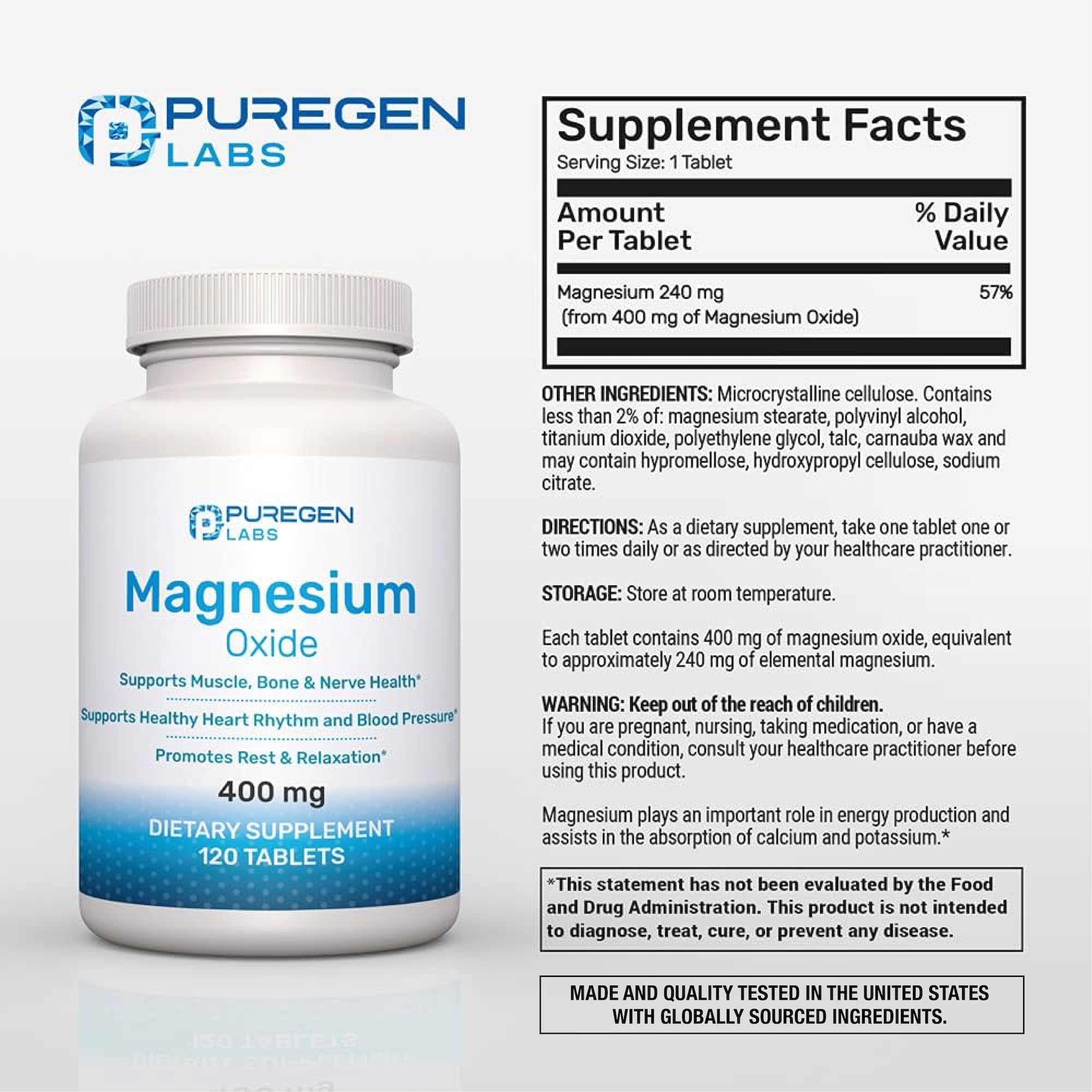 Magnesium 400mg [High Potency] Supplement – Magnesium Oxide for Immune Support, Muscle Recovery, Leg Cramps and Relaxation 120 Tablets P Puregen Labs Au supplements