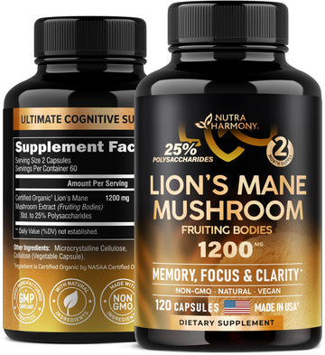 Organic Lions Mane - Certified Mushroom Supplement - Made in USA - Fruiting Bodies NUTRAHARMONY Au supplements