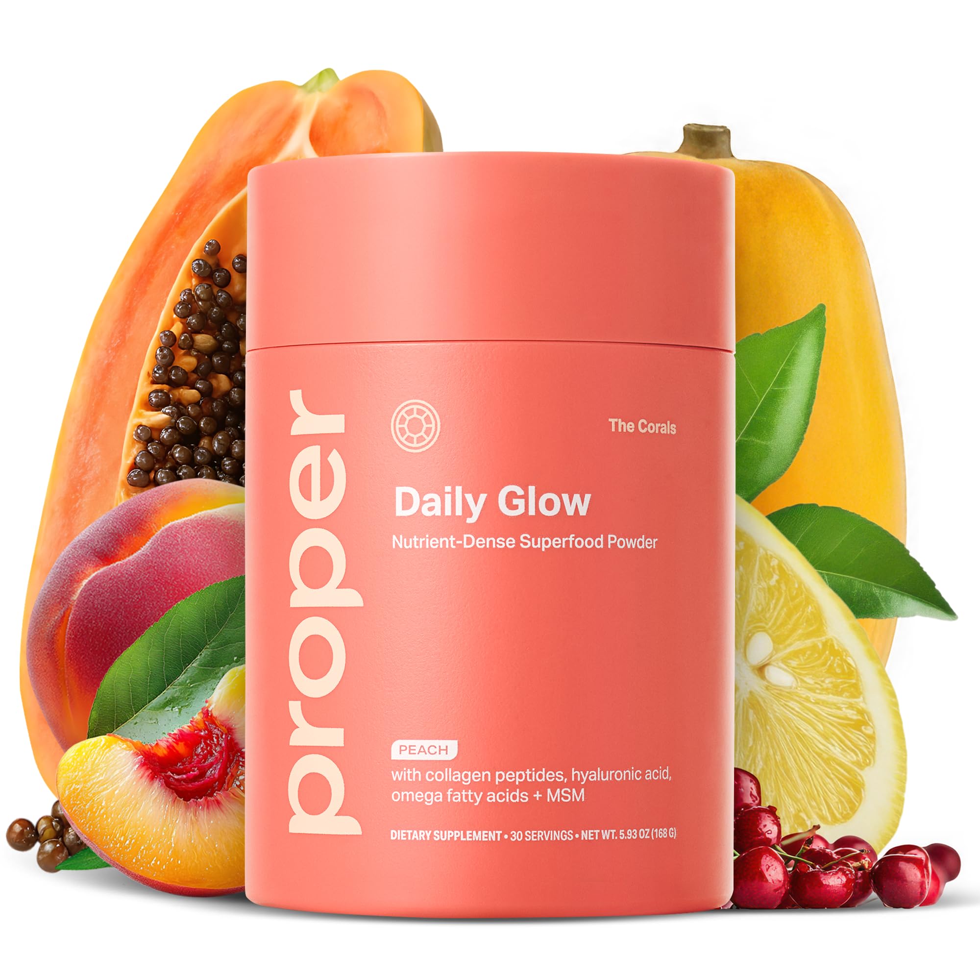Proper, The Corals Daily Glow Beauty Blend - Nutrient Dense Superfood Powder with Collagen Peptides, Hyaluronic Acid Powder, Vitamin C, and MSM. Hair, Skin, Nail Vitamin Supplement for Women & Men Proper Au supplements