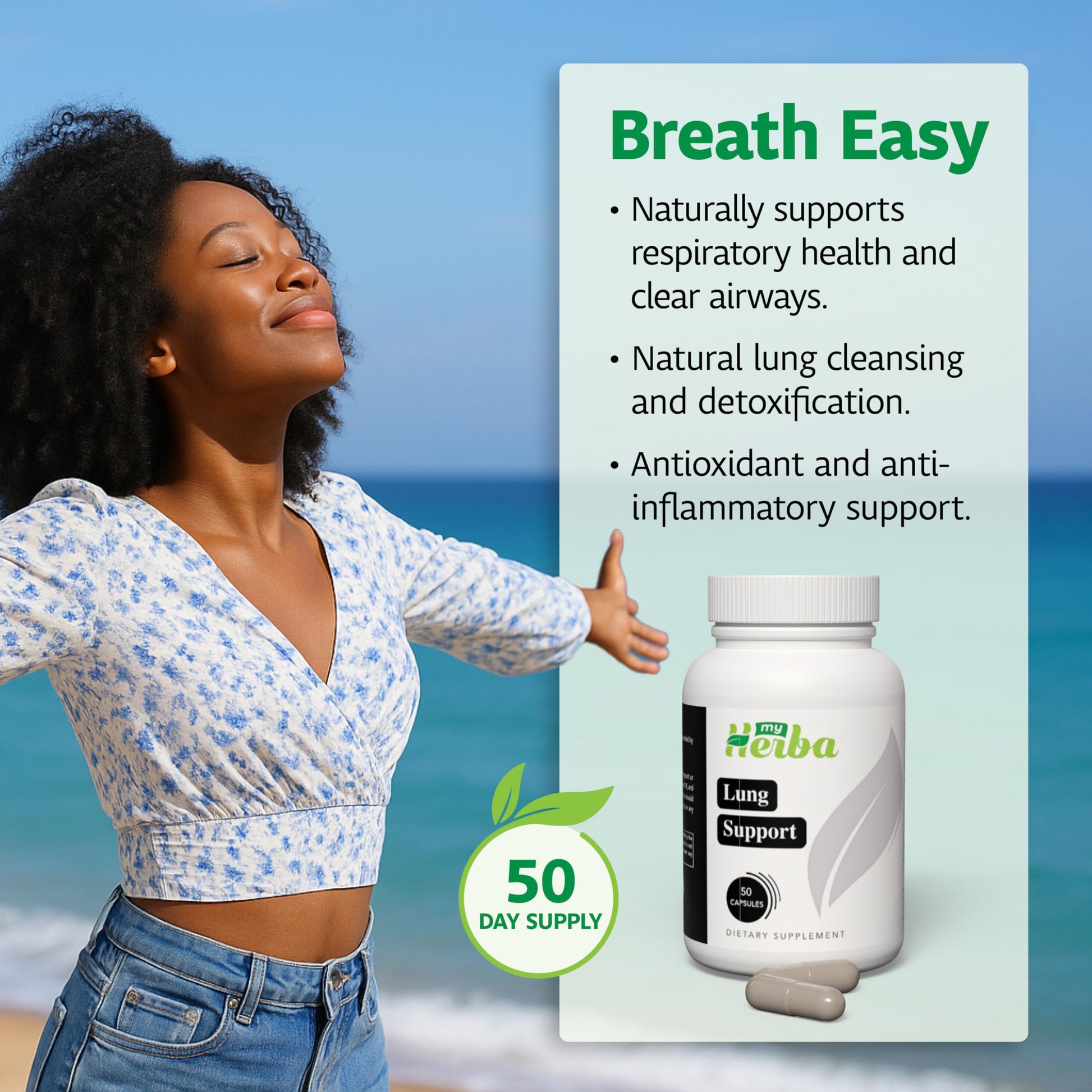 MyHerba Lung Support Supplement - Vegan Formula with Marshmallow Root, Chlorella, Ginkgo Biloba Leaf, Irish Sea Moss & PAU D’Arco - Deep Lung Cleanse, Detox and Immune Support for Adults, 50 Capsules MyHerba Au supplements