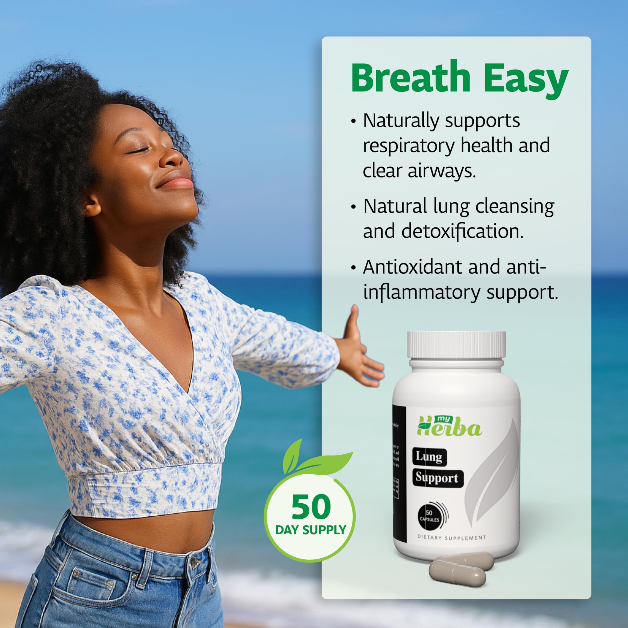MyHerba Lung Support Supplement - Vegan Formula with Marshmallow Root, Chlorella, Ginkgo Biloba Leaf, Irish Sea Moss & PAU D’Arco - Deep Lung Cleanse, Detox and Immune Support for Adults, 50 Capsules MyHerba Au supplements