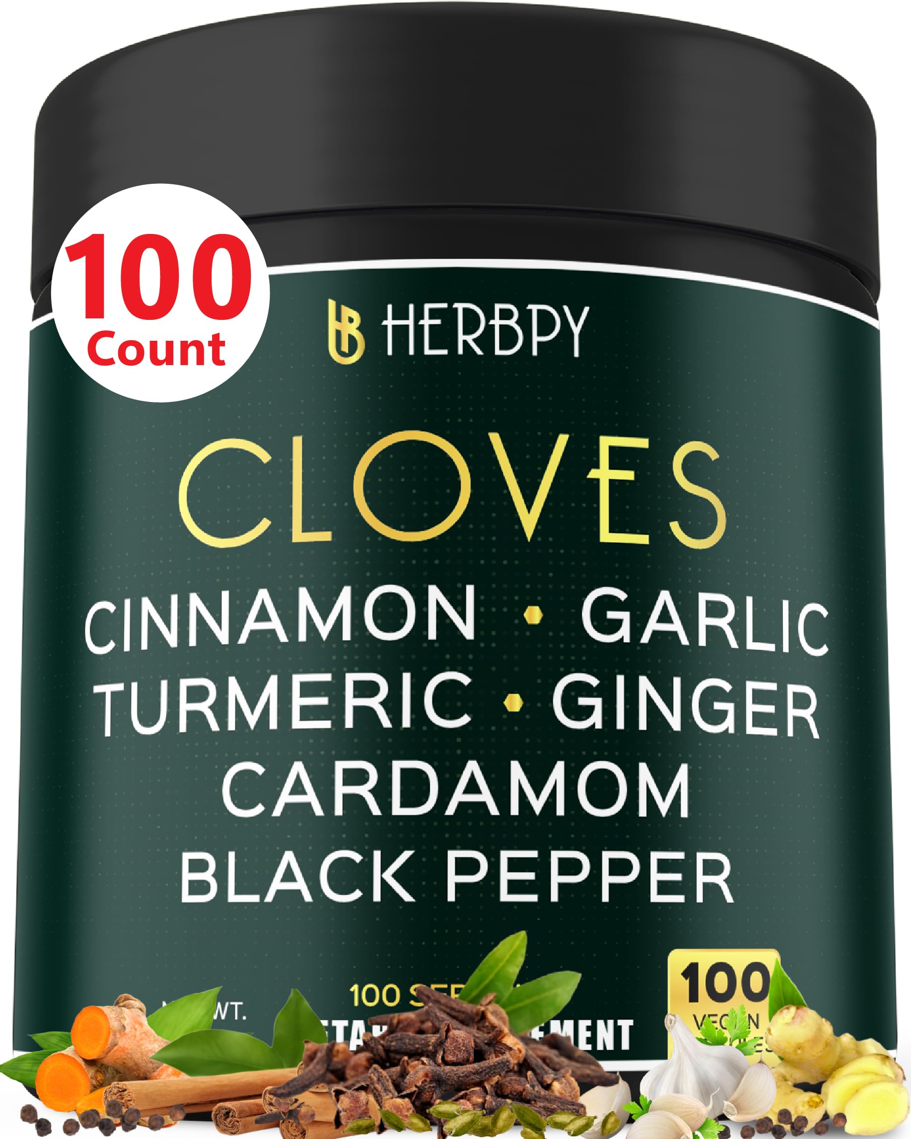 Herbpy 7in1 Clove Supplement Rich in Vitamins & Minerals Supports Digestion, Immune & Heart Health with Cinnamon, Turmeric, Ginger, Cardamom, Garlic & Black Pepper - 100 Vegan Capsules Herbpy Au supplements
