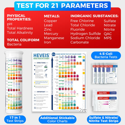 21-in-1 Home Drinking Water Testing Kit - 120 Strips + 4 Bacteria Tests - Tap and Well Water Test Kit, Easy to Test and Read for Hardness, Lead, Iron, Fluoride, pH, Copper, Bacteria and More HEVEISUS supplements