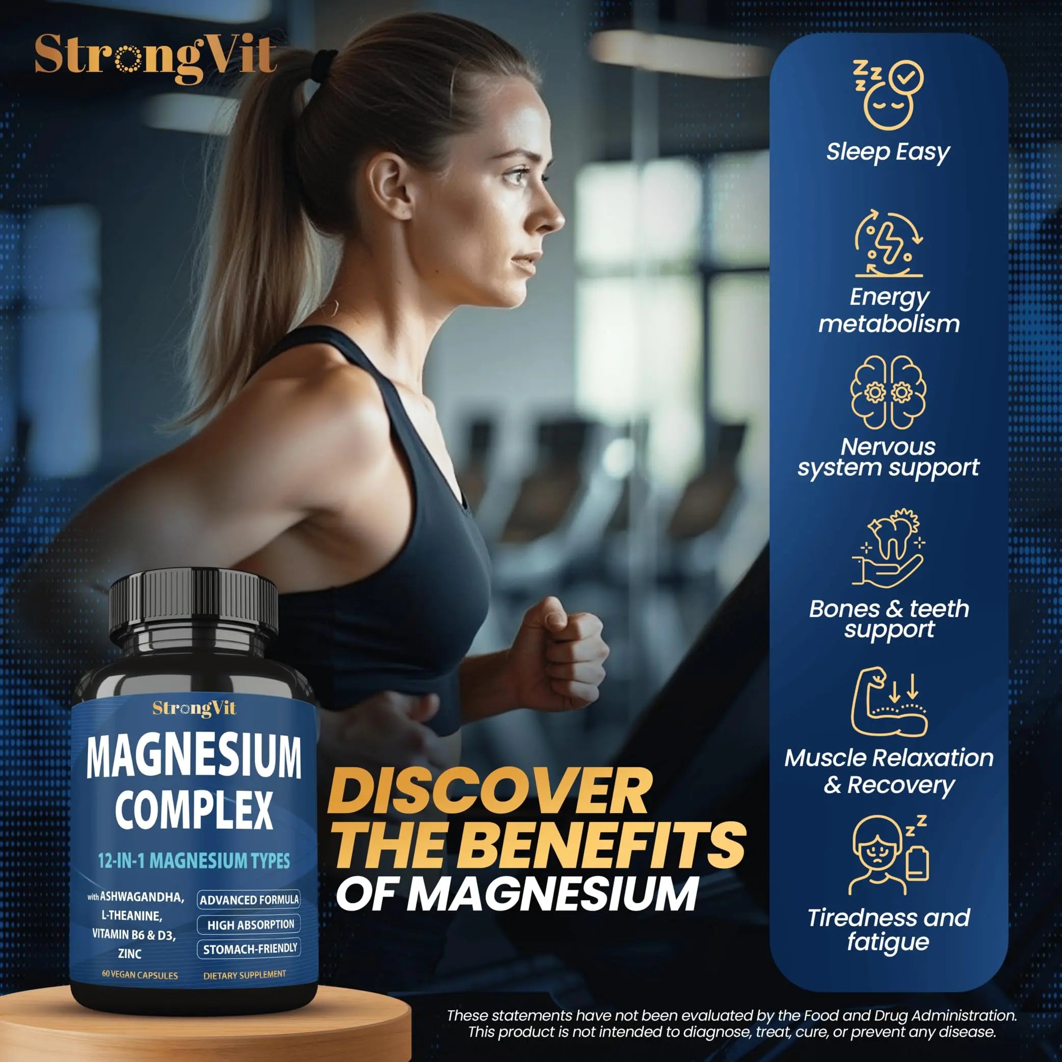 1000mg Magnesium Complex for Women and Men, 12 in 1 Magnesium Supplement with Ashwagandha, Zinc, D3, L-theanine. Easy to Swallow, High Absorption, Sleep Support & Stress Relief (60 Capsules) StrongVit Au supplements