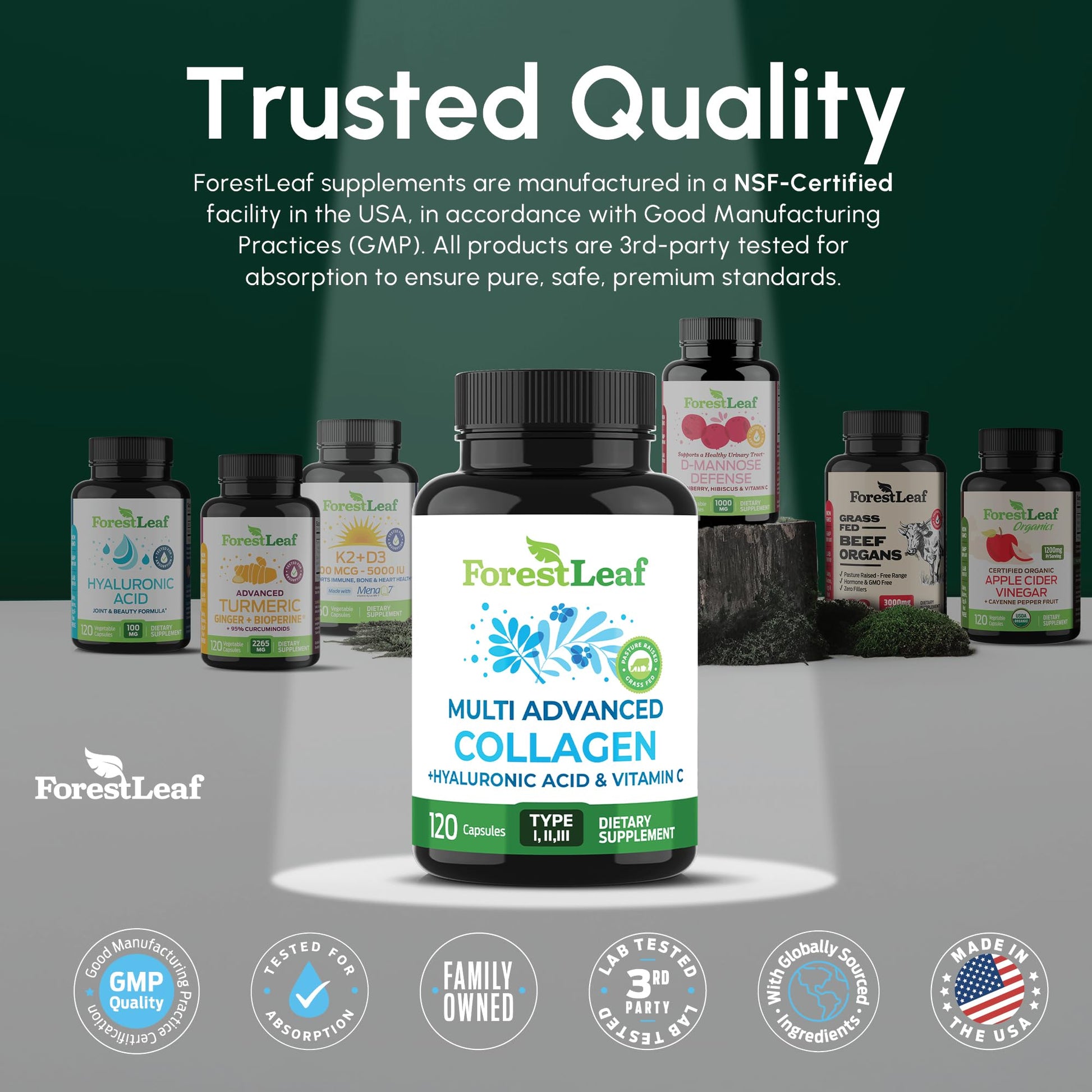 ForestLeaf Multi Collagen Pills with Hyaluronic Acid + Vitamin C | Hydrolyzed Collagen Supplements for Women or Men | Multi Collagen Capsules Peptides for Skin, Wrinkles, 120 Caps ForestLeaf Au supplements