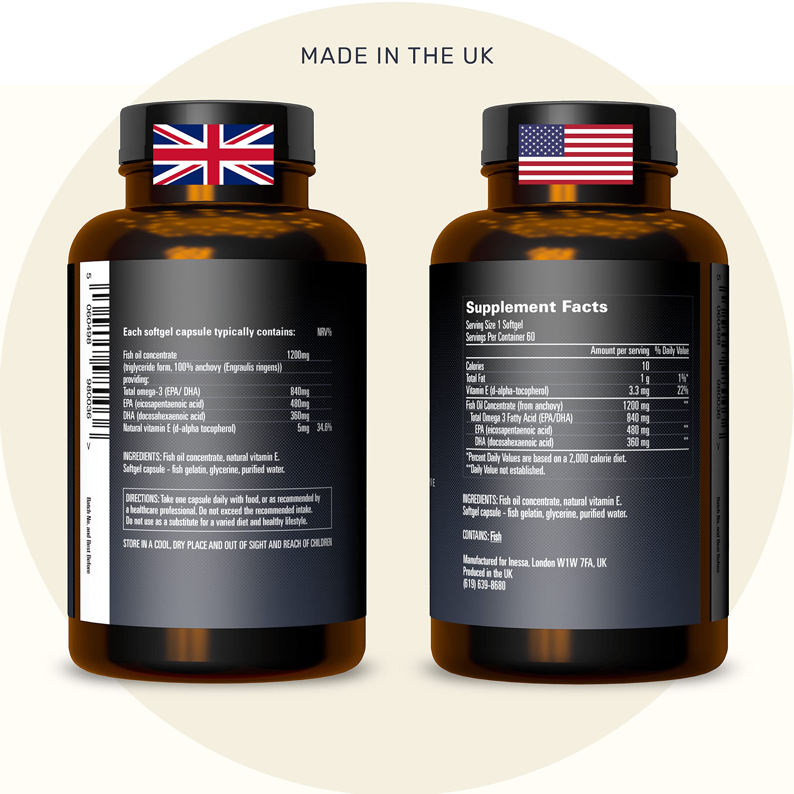 Omega 3 Fish Oil 1200mg (480mg EPA/360mg DHA per capsule) High Strength, Ultra Pure Inessa Au supplements
