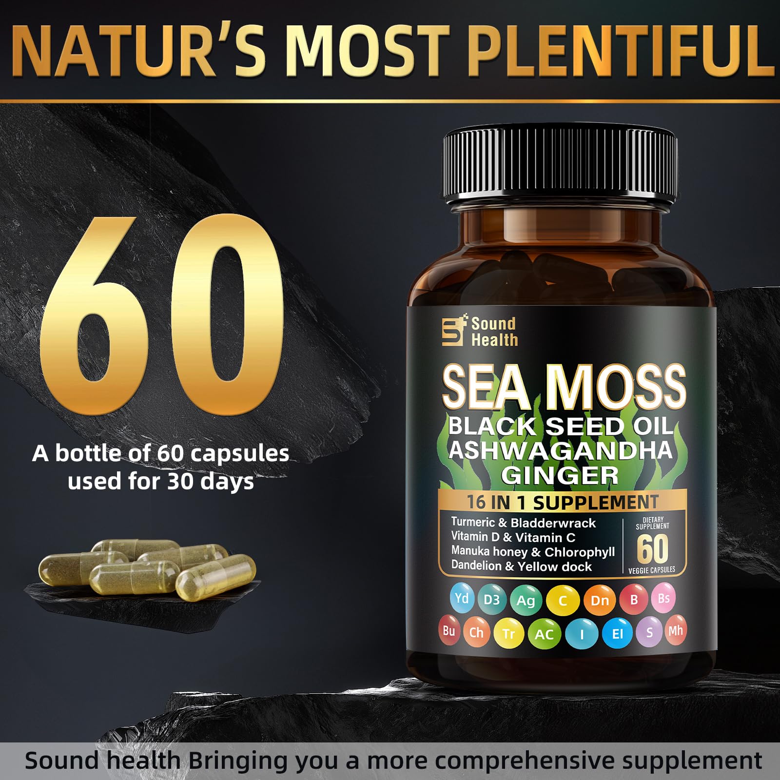 Sea Moss Capsules with Ashwagandha, Turmeric, Bladderwrack, Vitamins C & D for Natural Energy, Sleep Support & Hair Growth, 1200mg Herbal Blend, for Man & Women, Third-Party Tested，16-in-1 Supplement SoundHealth Au supplements