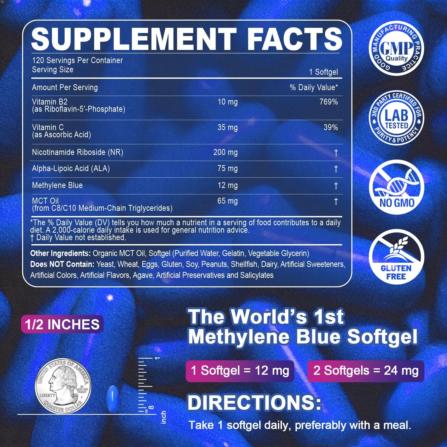 LILICARE Advanced 12mg Methylene Blue Softgels for Humans | Upgraded Brain & Cellular Energy Supplement with CoQ10, NR & ALA | High Absorption Formula, Non-GMO, Mitochondrial & ATP Support, 120 Cts LILICARE Au supplements