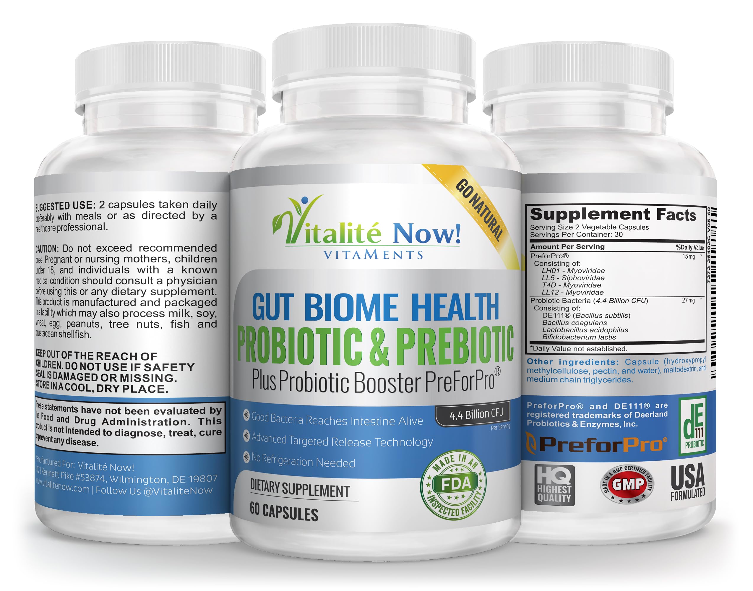 Premium Probiotic plus Ultimate Prebiotic - Gut Biome Builder & Restoration - 4.4 Bn CFU - Best for Women & Men - Bacteria Reaches Intestine within Hours - No Refrigeration - Bacillus Subtilis Vitalité Now! Au supplements