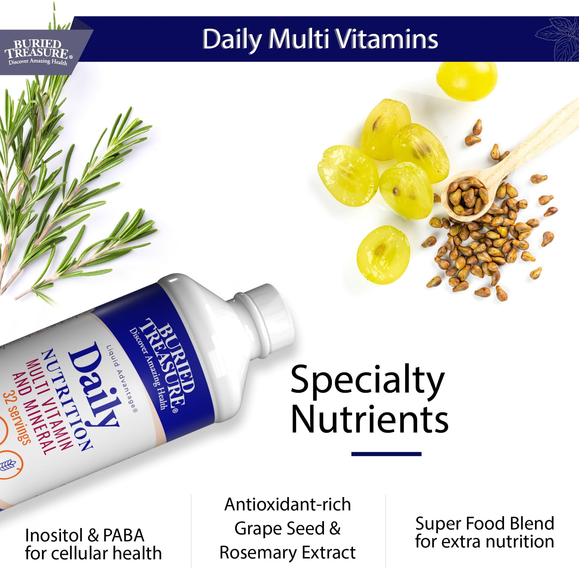Buried Treasure Daily Nutrition Liquid Multivitamin and Mineral Supplement with Trace Minerals, Superfoods, Vitamin A, B-Complex, C, D, E, Methylfolate, Biotin, Magnesium, Zinc, Resveratrol, 32 serv Buried Treasure Au supplements