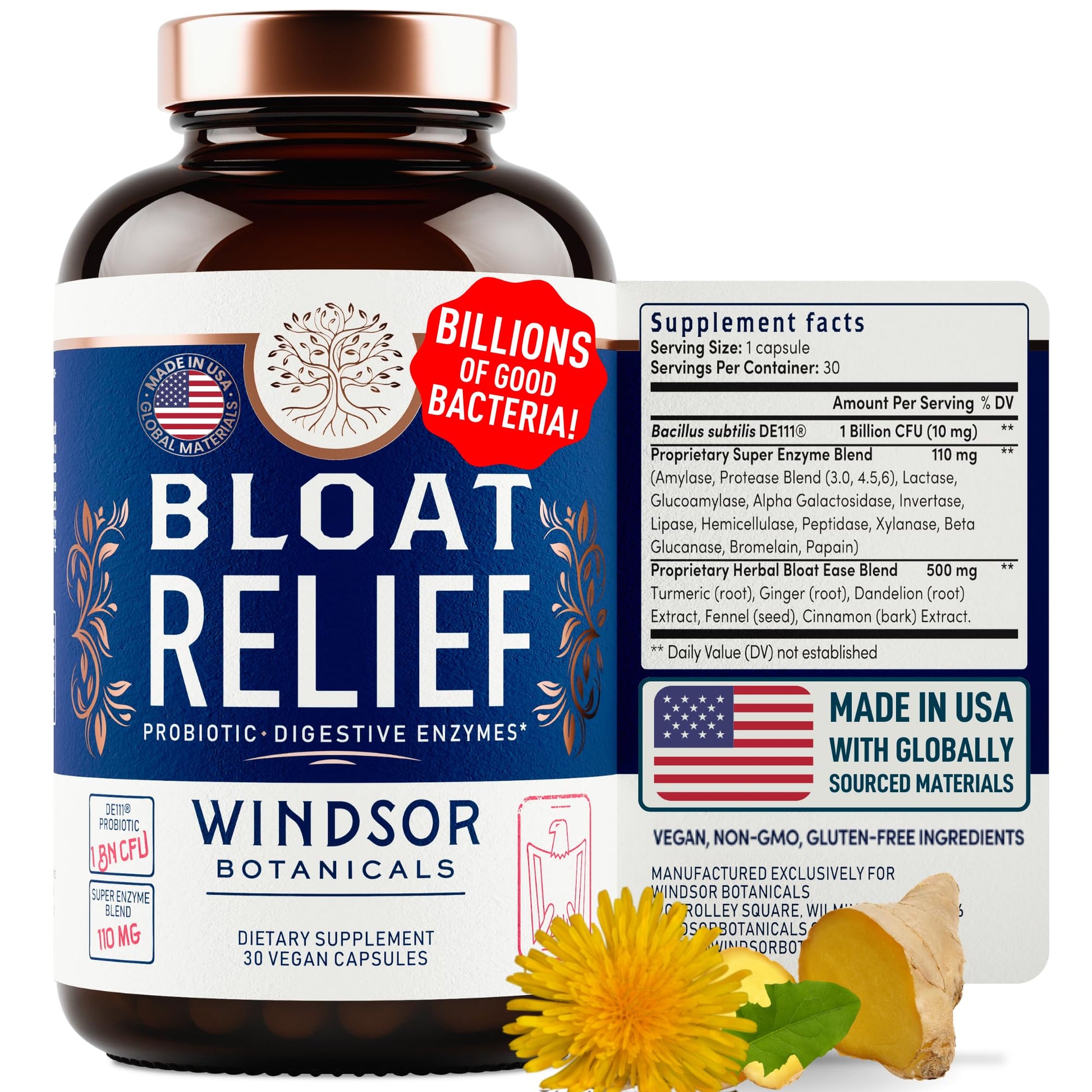 Bloat Relief Probiotic and Digestive Enzymes - Anti Bloating Turmeric, Fennel, Bromelain IBS Supplement - Detox Debloat Capsules Gas - Bloating Relief for Women and Men - 30 Gut Health Pills WINDSOR BOTANICALS Au supplements