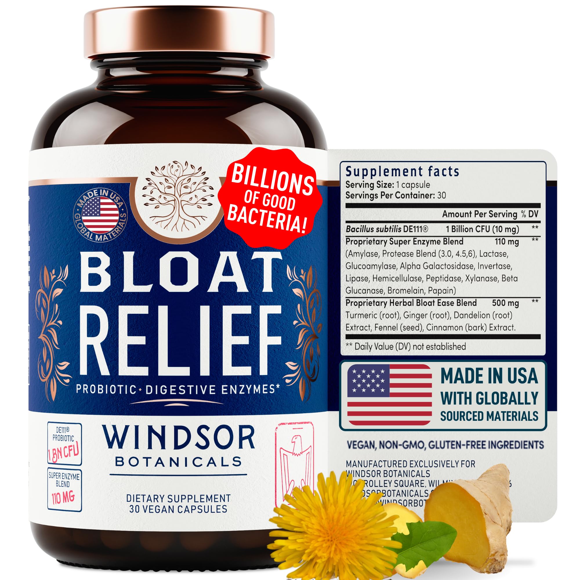 Bloat Relief Probiotic and Digestive Enzymes - Anti Bloating Turmeric, Fennel, Bromelain IBS Supplement - Detox Debloat Capsules Gas - Bloating Relief for Women and Men - 30 Gut Health Pills WINDSOR BOTANICALS Au supplements