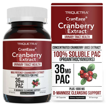 CranEaze®: Cranberry Juice Extract Plus D-Mannose – 36 mg PAC, 100% Soluble PAC - Supports Urinary Tract Health – Most Effective Cranberry Pills for Women, UTI Cranberry Supplement - 60 Capsules Triquetra Health Au supplements